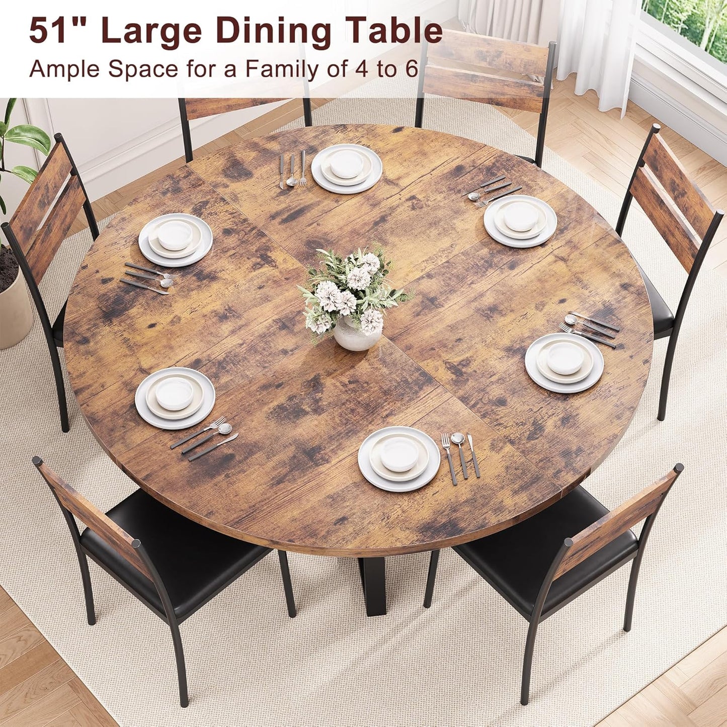 Round Dining Table Set for 6, Kitchen Table and Chairs for 4, Circle Table Round Pedestal Dining Room Dinner Dinette Table Set,5 Piece Space Saving Wood Kitchen & Dining Room Tables (Vintage, 51In)