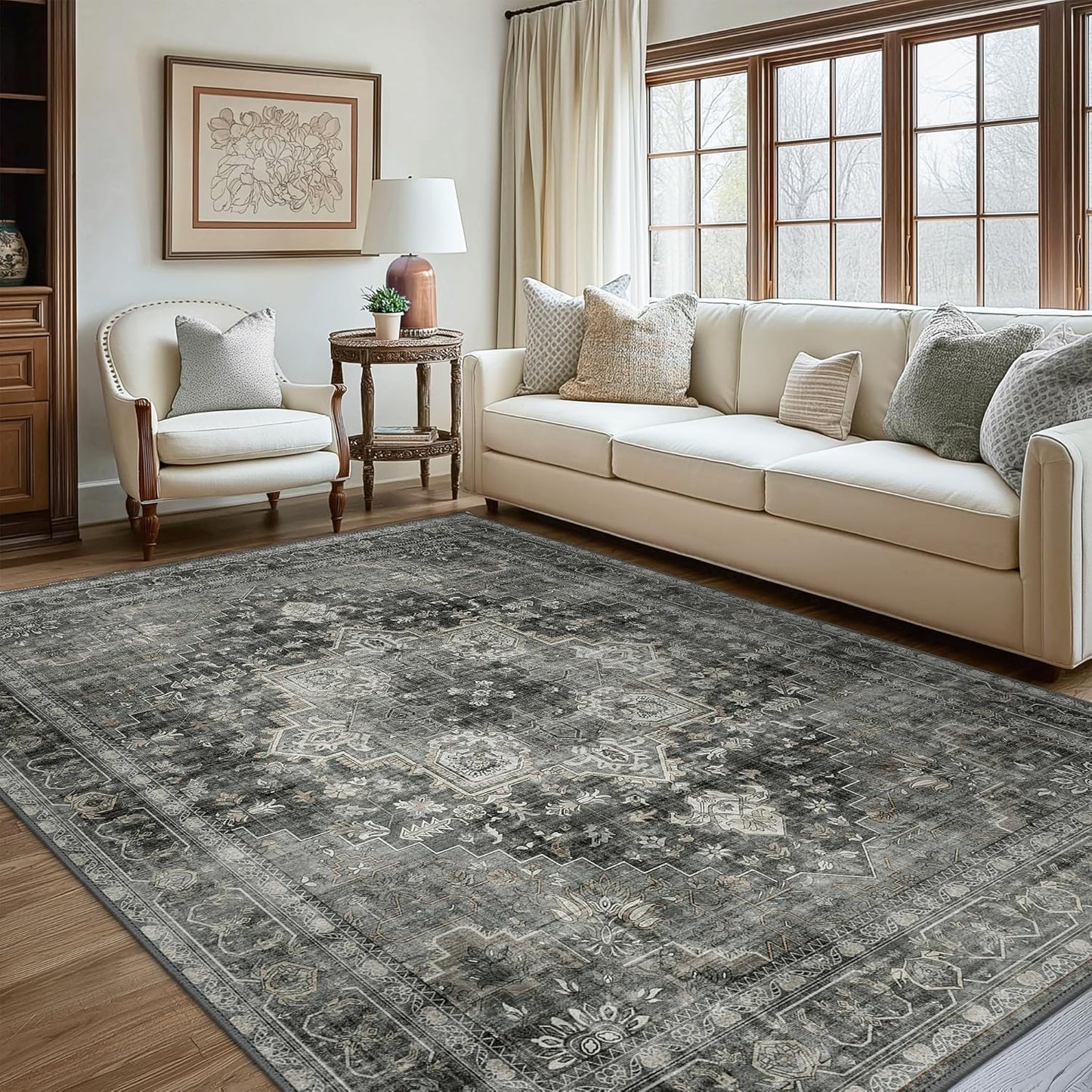 GENIMO 7'6''x9'6'' Area Rugs for Living Room, Machine Washable Non Slip Vintage Rugs, Low Pile Lightweight Chenille Print Rug for Bedroom, Dining Room, Home Office,Charcoal Gray