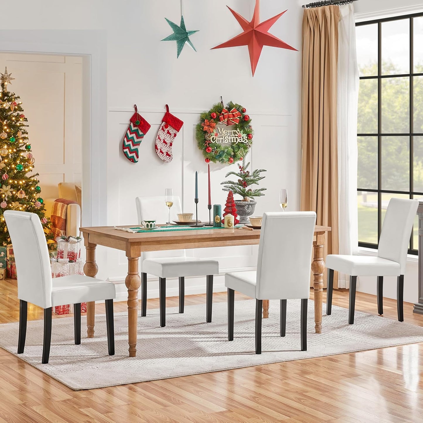 Yaheetech Dining Chairs Set of 4 PU Leather Upholstered Parsons Dining Chairs with Solid Wood Legs for Kitchen/Living Room/Restaurant, Modern Style, White