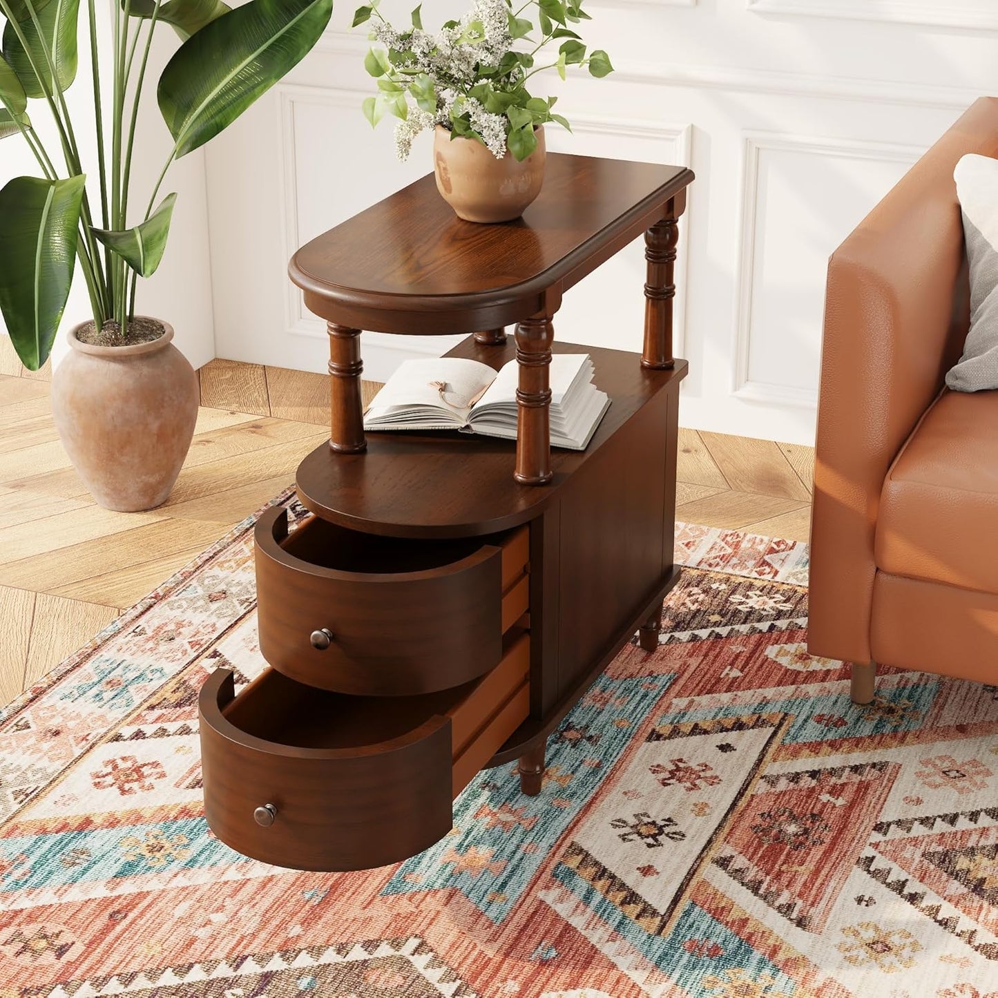 Wood End Table with 2 Drawers and Storage Shelf, Narrow Sofa Side Table for Living Room, Vintage Slim Nightstand Bedside Table for Bedroom, Slim Chair Side Table Cherry Walnut BG-A508-CY