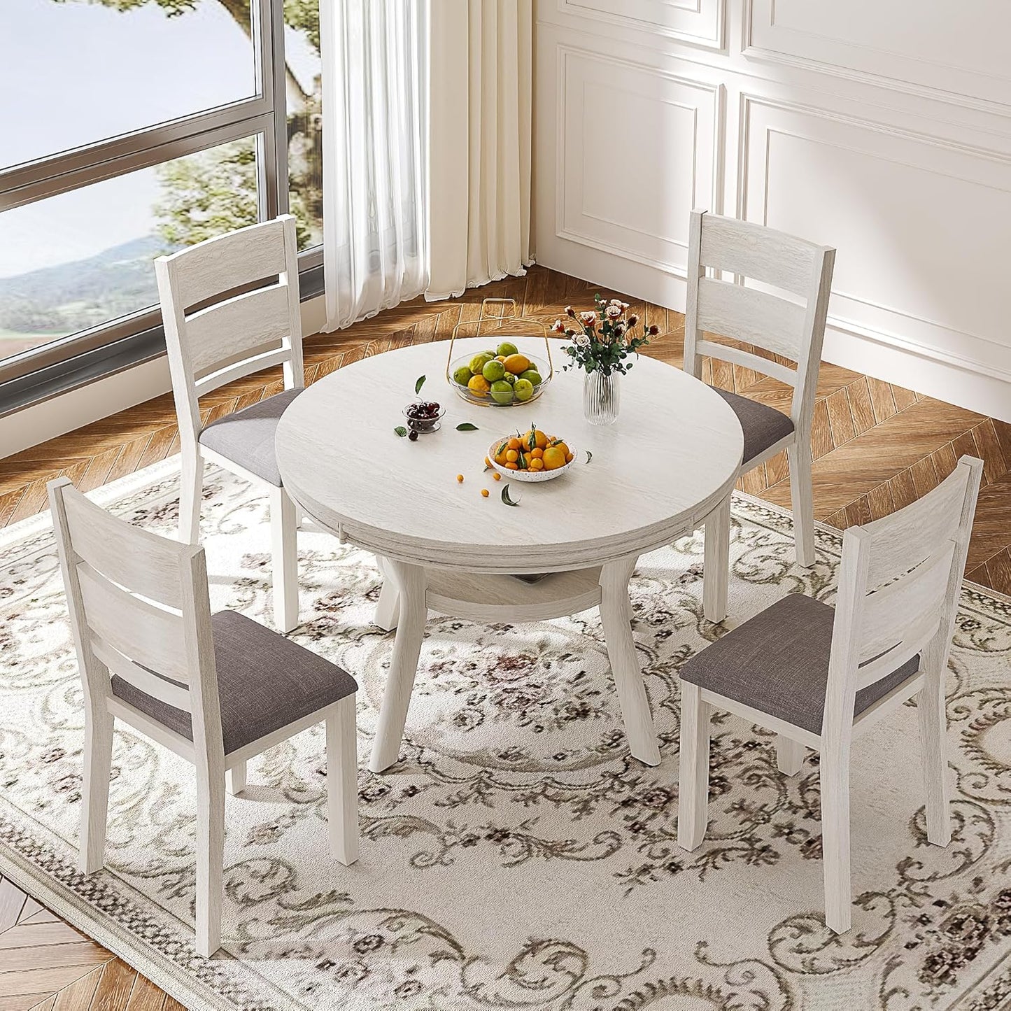 5-Piece Solid Wood Dining Table Set for 4, Round Kitchen Table Set with 4 Upholstered Chairs, Farmhouse Dining Sets for Kitchen, Dining Room, Rustic Grey