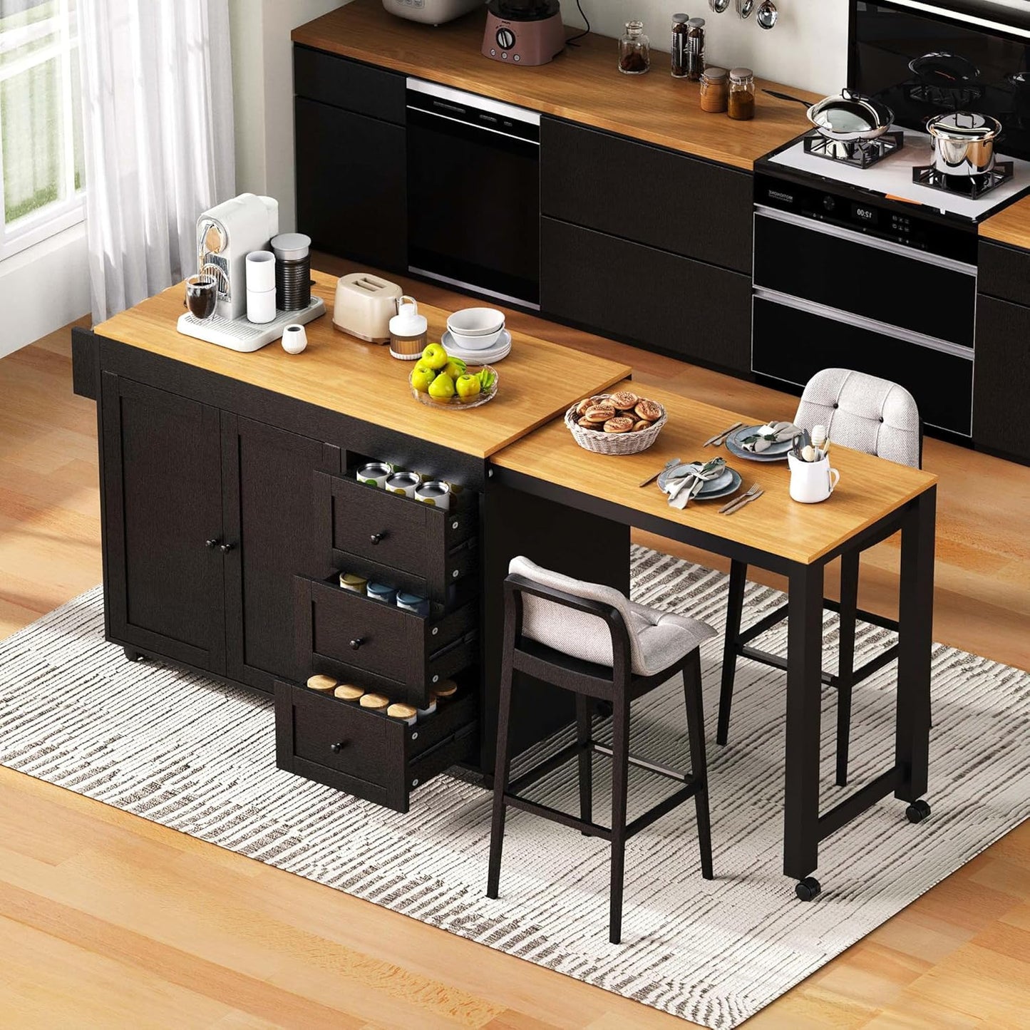 Ball & Cast 74.8" Kitchen Island with Extendable Dining Table,Kitchen Storage Cart W/Power Outlet and 3 Drawers,Rolling Kitchen Island on Wheels W/Spice Rack & 2 Door Cabinet,for Kitchen,Black