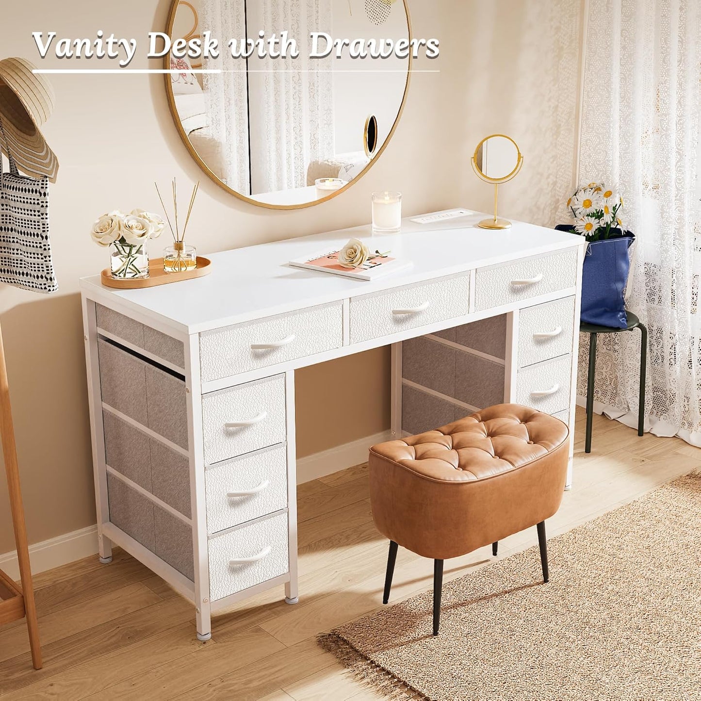 PRAISUN 47 Inch Office Desk with Outlets, Computer Desk with 9 Fabric Drawers, Writing Gaming Work Study Desk for Bedroom, Living Room, Home Office, Large Storage, White