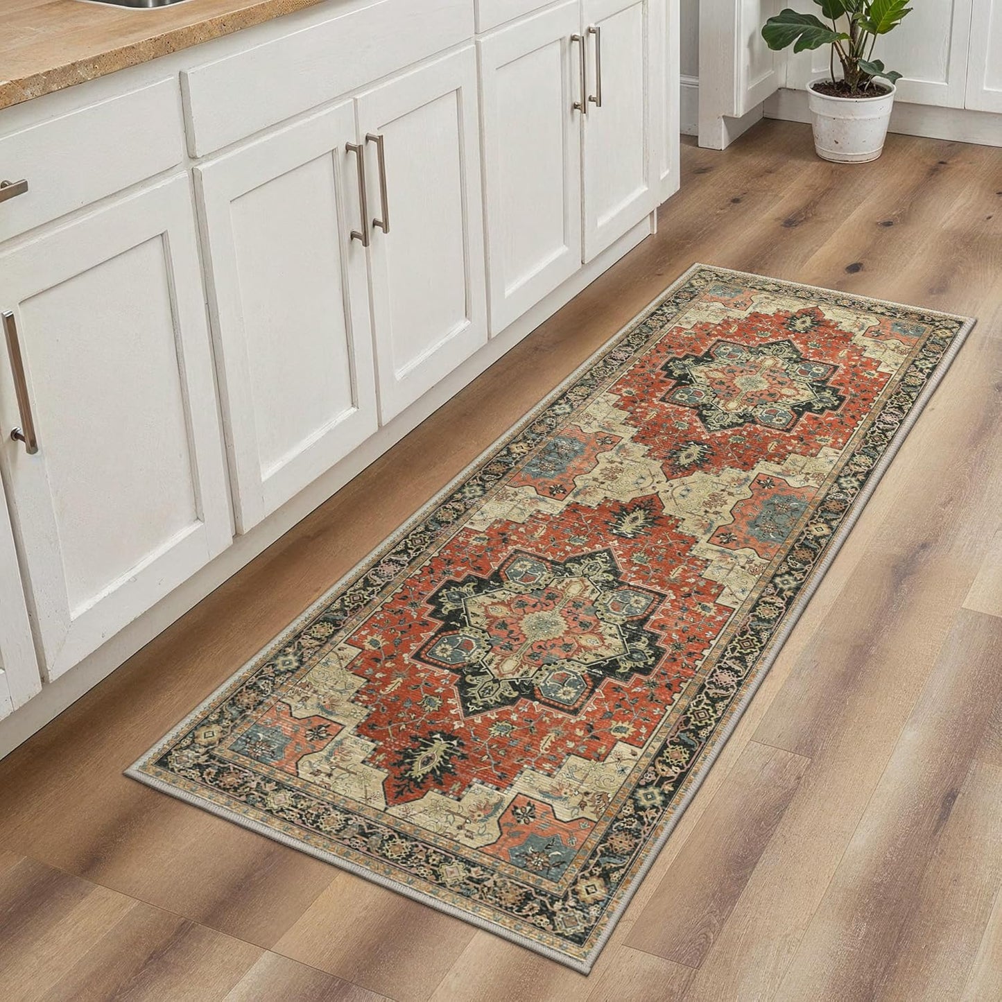 GENIMO 2x5 Runner Rugs for Hallway, Machine Washable Non Slip Vintage Rugs, Low Pile Lightweight Soft Print Rug for enrtyway, Corridor, Home Office, Kitchen,Desert Ember