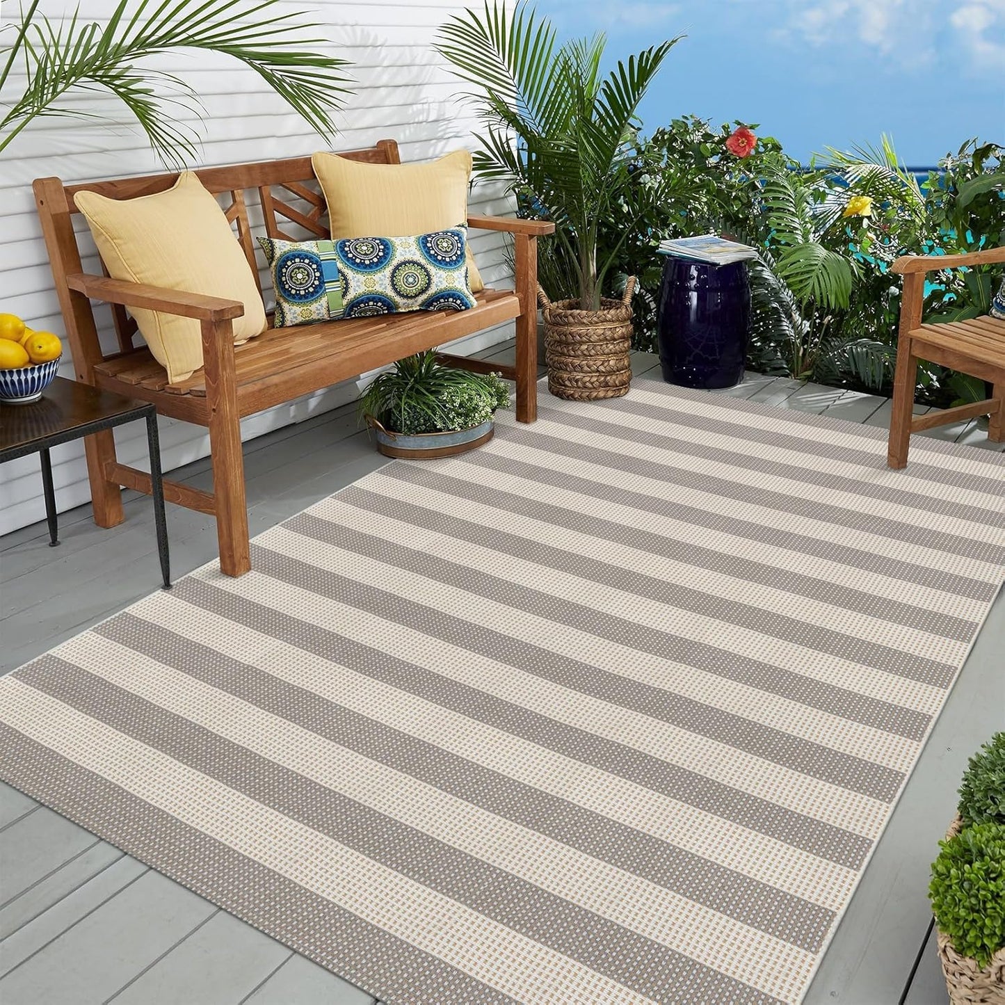 OJIA Outdoor Rug 5'x7' Striped Patio Rug Washable Indoor Outdoor Carpet Cotton Woven Outside Farmhouse Enrtyway Rug Large Area Rugs for Living Room Bedroom Backyard (Gray/White/Tan)