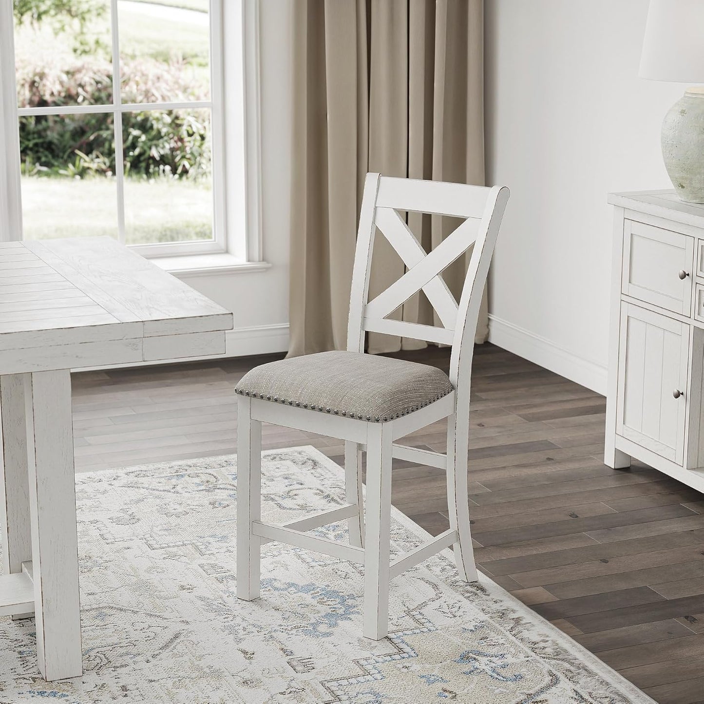 Signature Design by Ashley Robbinsdale Farmhouse Armless 24.75" Counter Height Upholstered Bar Stool with Foot Rest, Set of 2, White & Light Gray