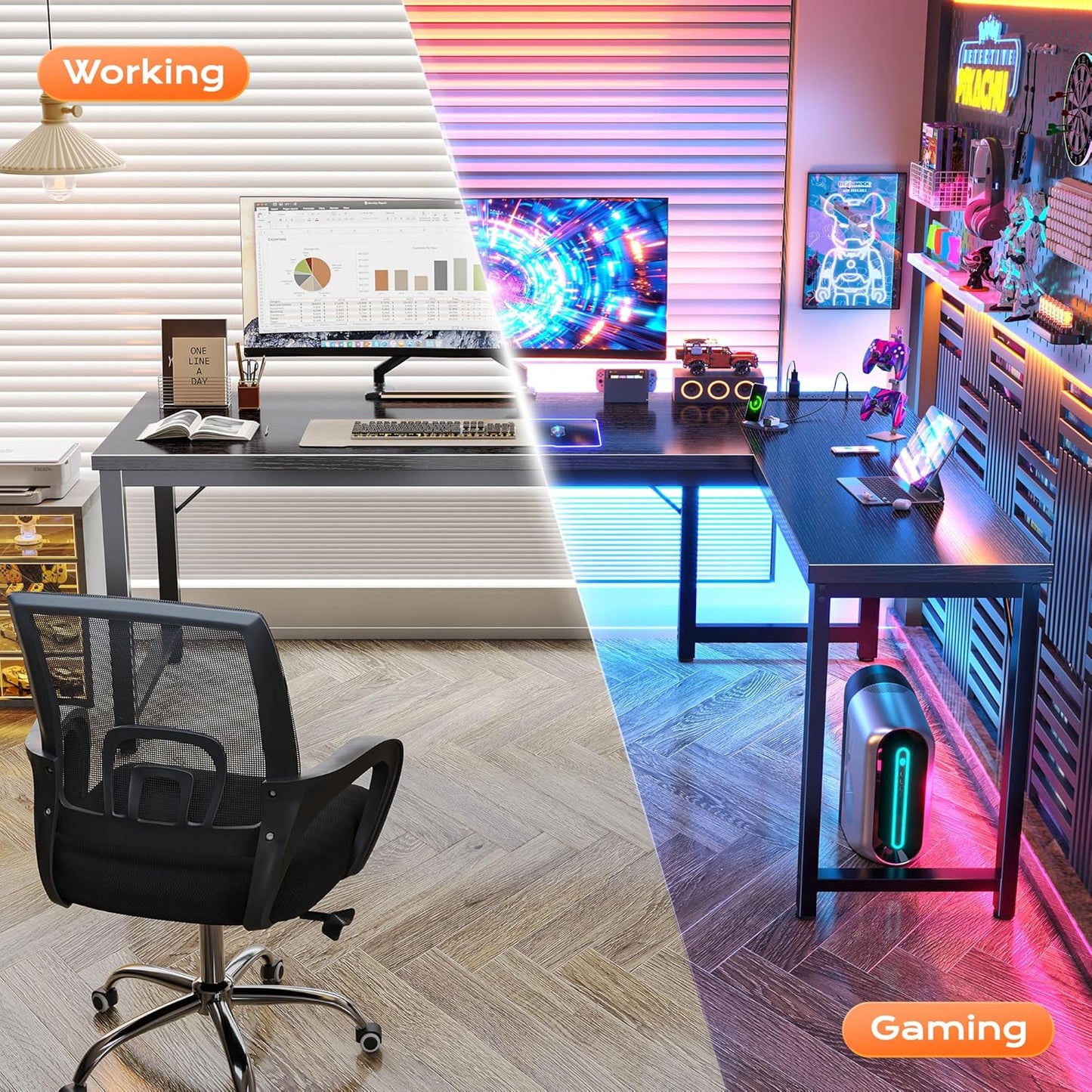 Huuger 63 Inch L Shaped Desk with Power Outlets and USB-C Port, Reversible Computer Desk, Larger Office Corner Gaming Desk, 0.95 Inch Thicker Desktop, Metal Frame, for Home Office, Study, Black