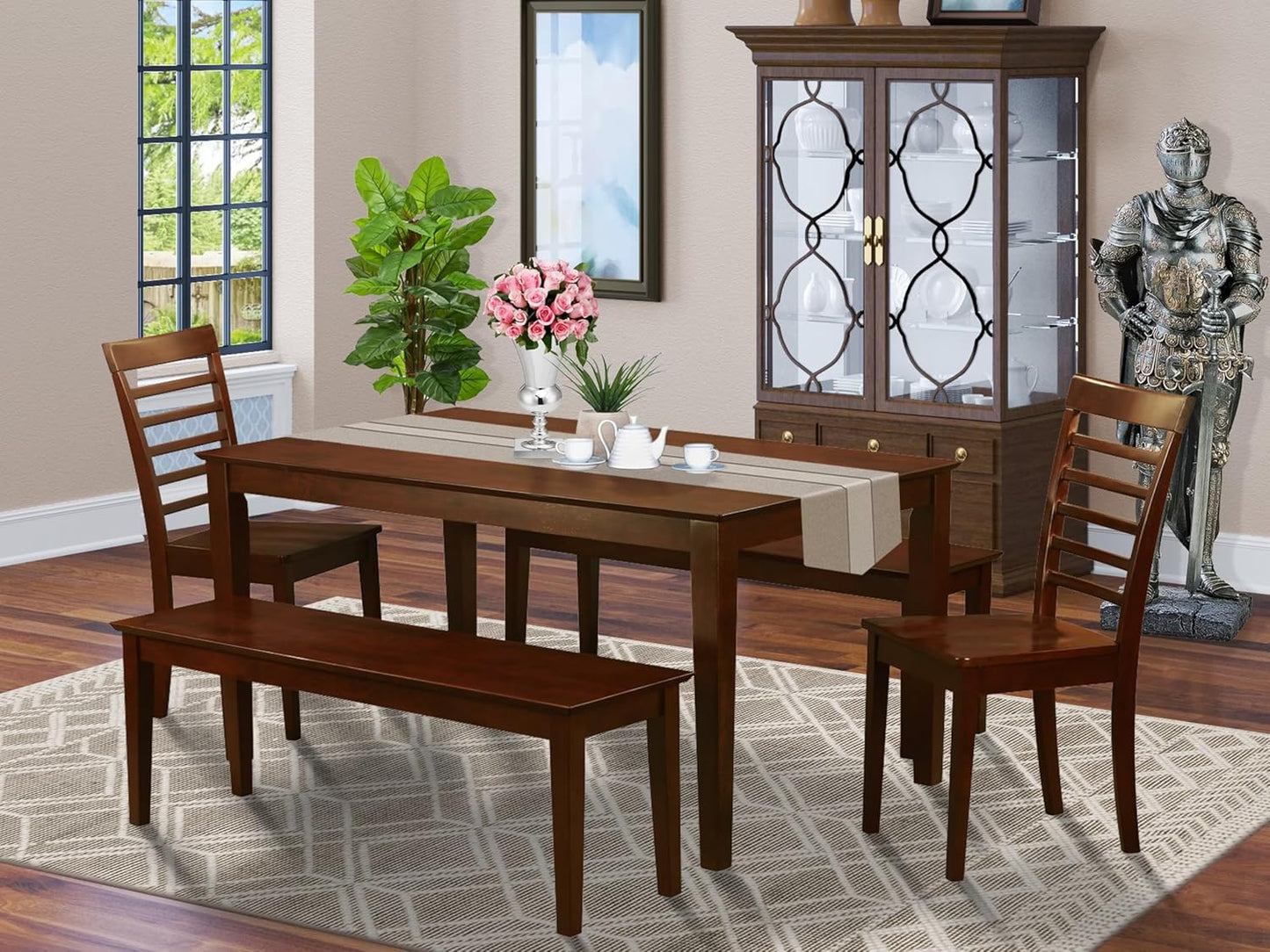 East West Furniture CAML5C-MAH-W 5 Piece Kitchen Table Set for 4 Includes a Rectangle Dining Room Table and 2 Dining Chairs with 2 Benches, 36x60 Inch, Mahogany