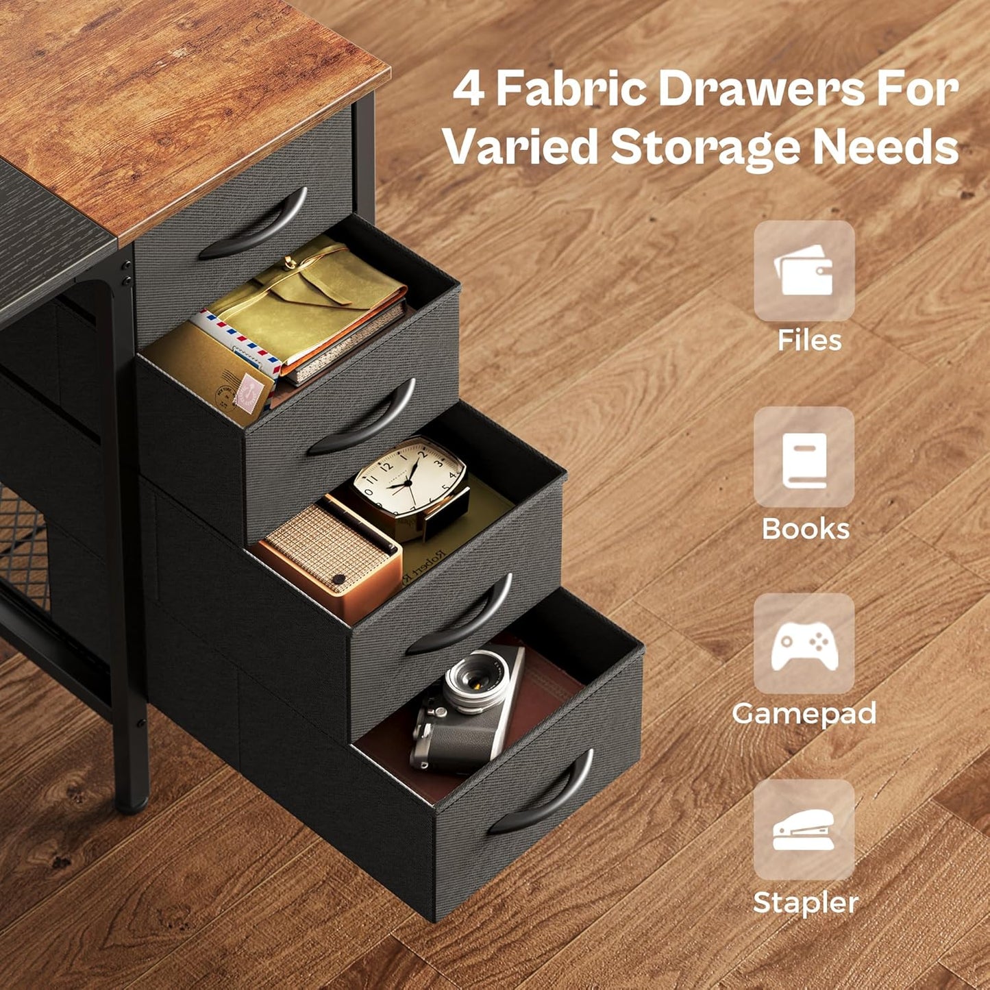 Huuger 47 Inch Computer Desk with 4 Drawers, Office Desk with Mesh Shelf, Gaming Desk, Large Storage, Writing Work Desk for Home Office, Study, Bedroom, Work from Home, Rustic Brown and Black