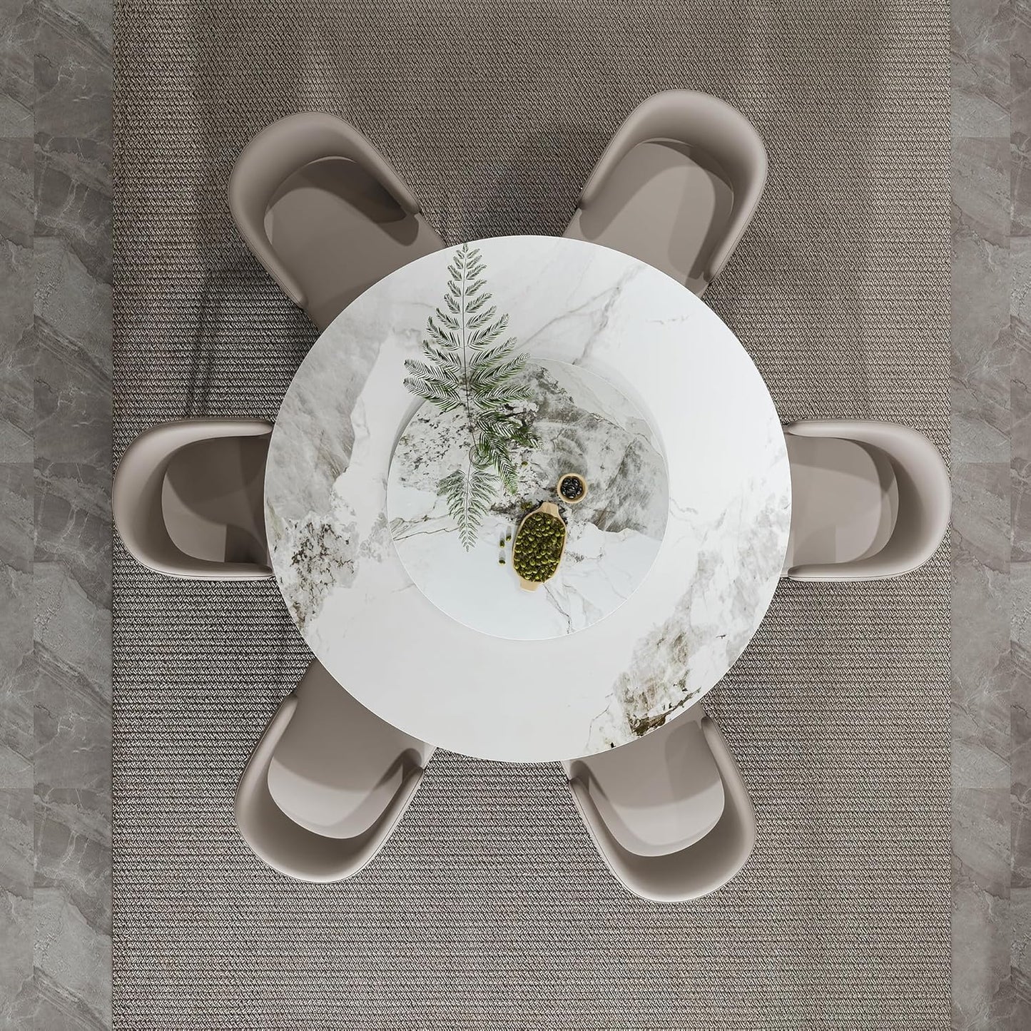 Ball & Cast 7-Piece Dining Set,Faux Marble Table with Detachable Rotating Tray & 6 PU Leather Chairs,Modern Kitchen Dining Room Table Set w/Stainless Steel Base,for Restaurant & Home,Grey