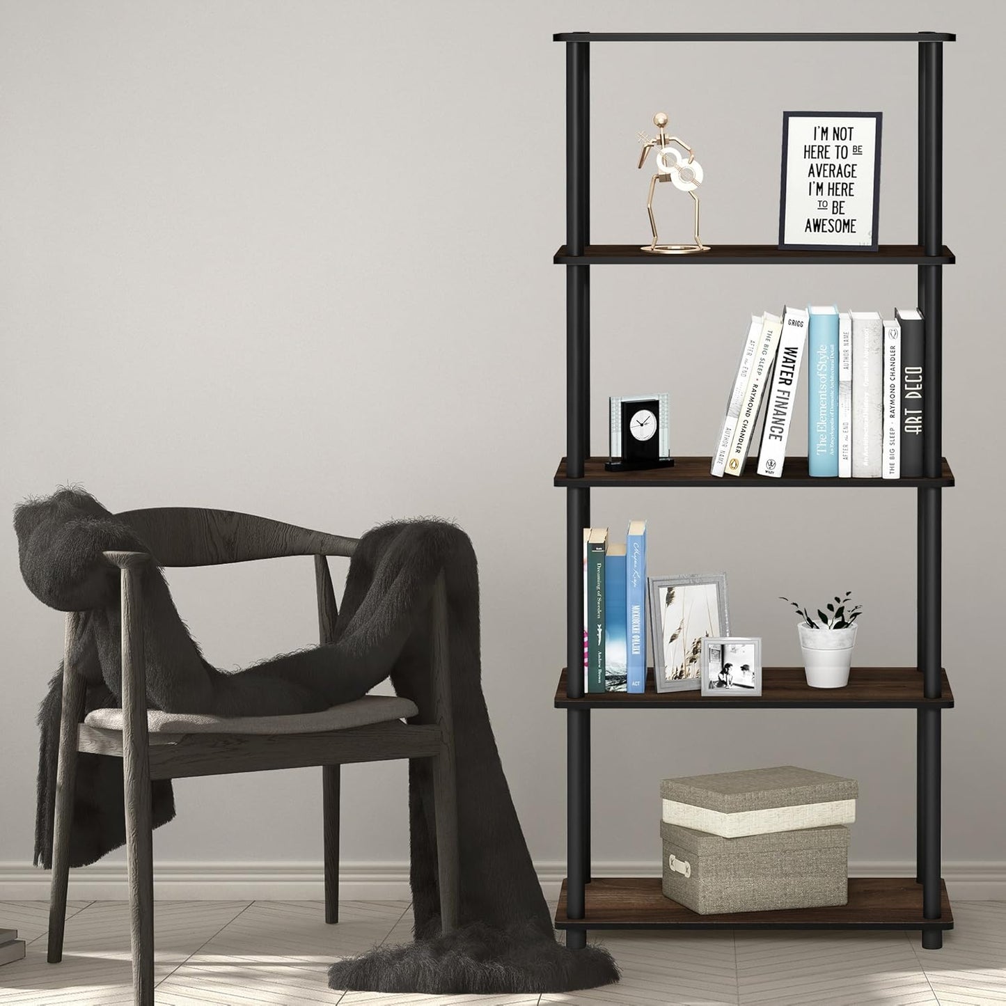 Furinno Turn-N-Tube 5-Tier Multipurpose Shelf / Display Rack / Storage Shelf / Bookshelf, Round Tubes, Columbia Walnut/Black