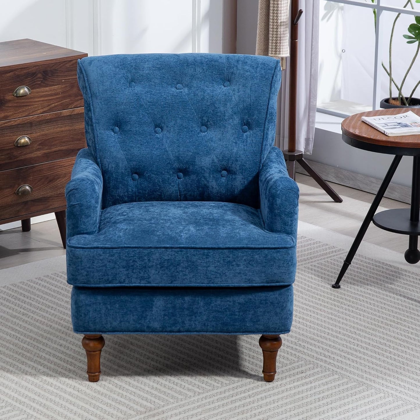 Ball & Cast Comfy Chenille Club Sofa Living Room Chairs,Accent Chair with Springs Cushions & Retro Wooden Legs,Reading Armchair for Bedroom,Office,Blue