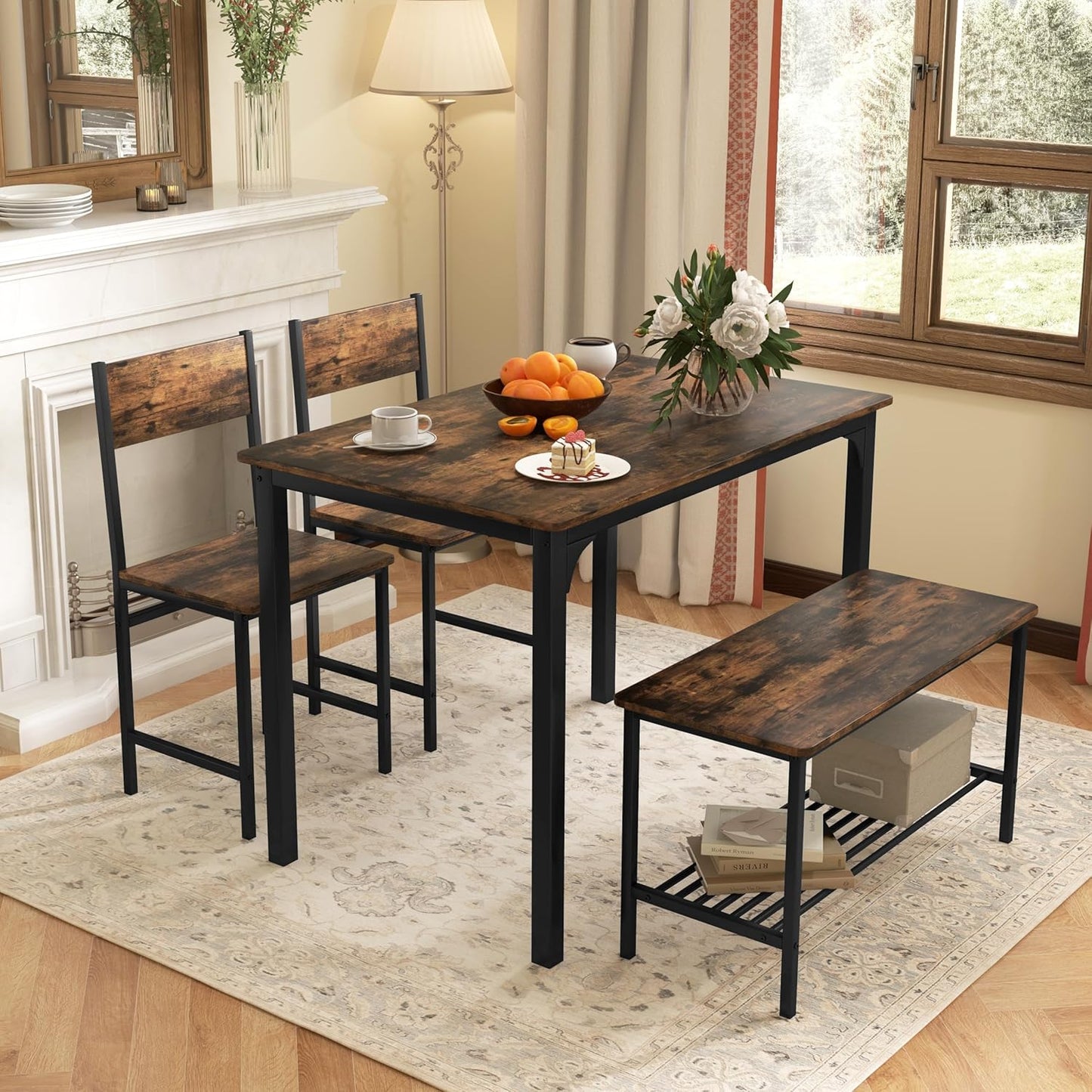 Tangkula Dining Table Set for 4, Kitchen Table and 2 Chairs for 4 with Bench, 4 Piece Dining Table Set for Small Space, Apartment