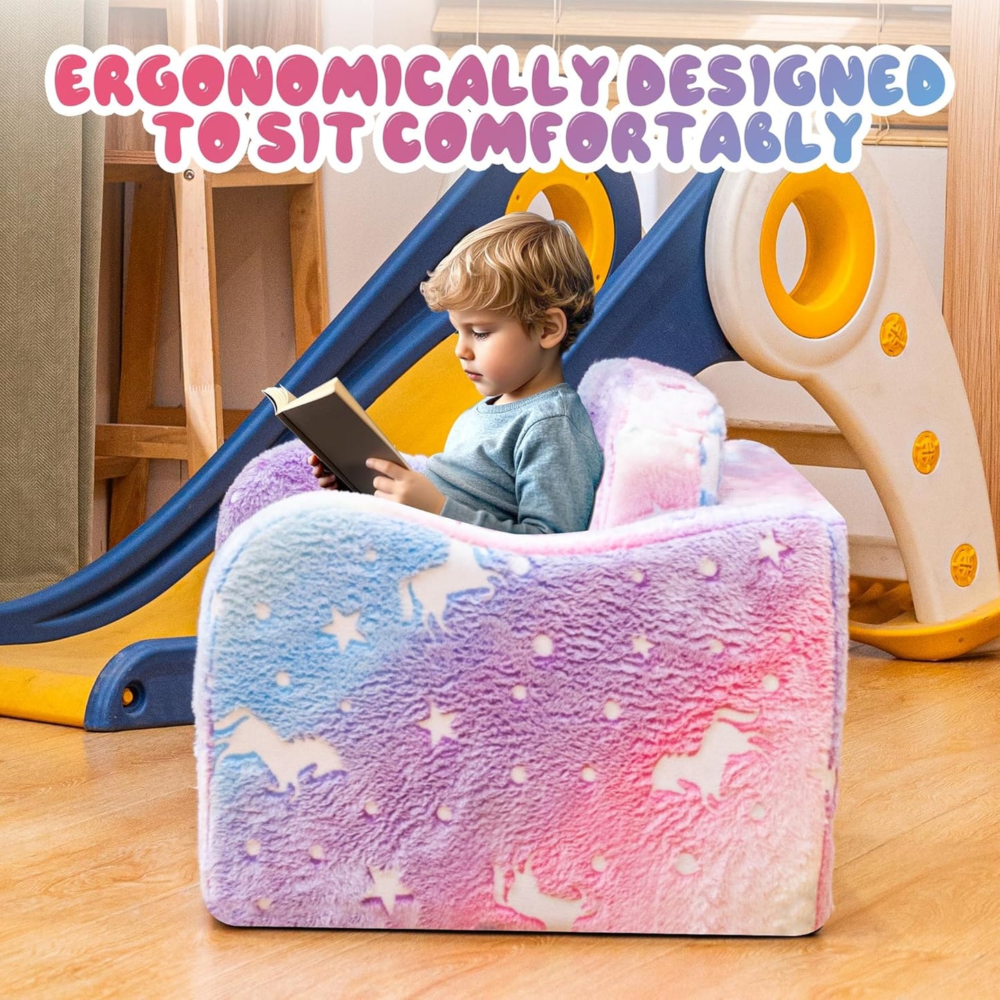 Lamerge 2-in-1 Toddler Couch,Glow in The Dark Baby Floor Bed,Foldable Toddler Chair Kids Sofa for playroom,Convertible Sofa to Lounger for Girls and Boys (Rainbow and Unicorn)