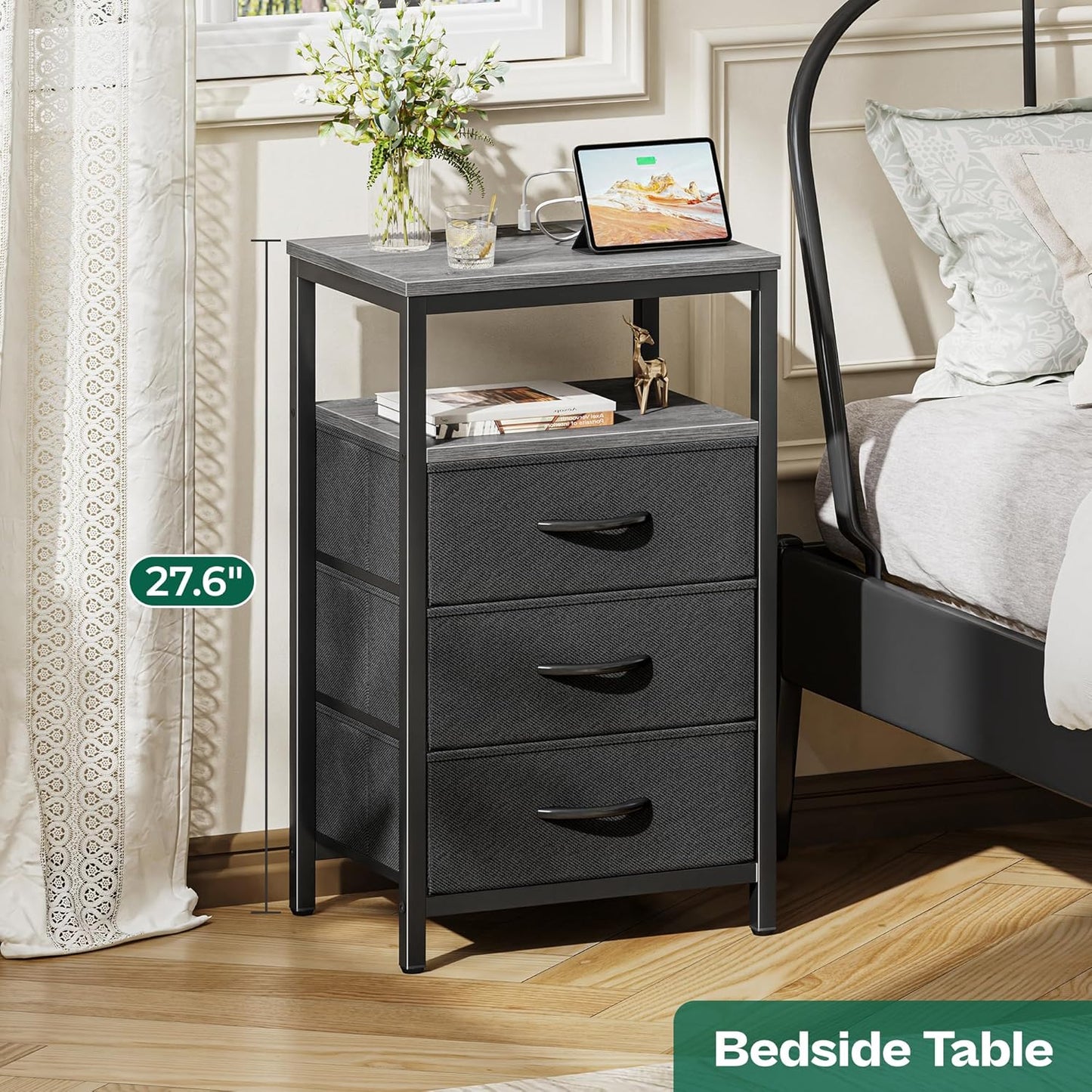 Huuger Nightstand with Charging Station, 27.6 Inch End Table Bedside Table with USB Ports and Outlets, Fabric Drawers, Night Stand for Bedroom, Charcoal Gray
