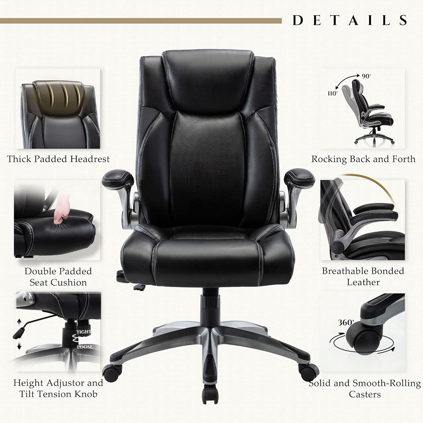 Executive Leather Office Chair, Ergonomic Office Chair with Adjustable Lumbar Support,High Back Computer Desk Chair, Flip-up Arms, Swivel Rolling Home Office Work Chair for Adults, Men, Women (Black)