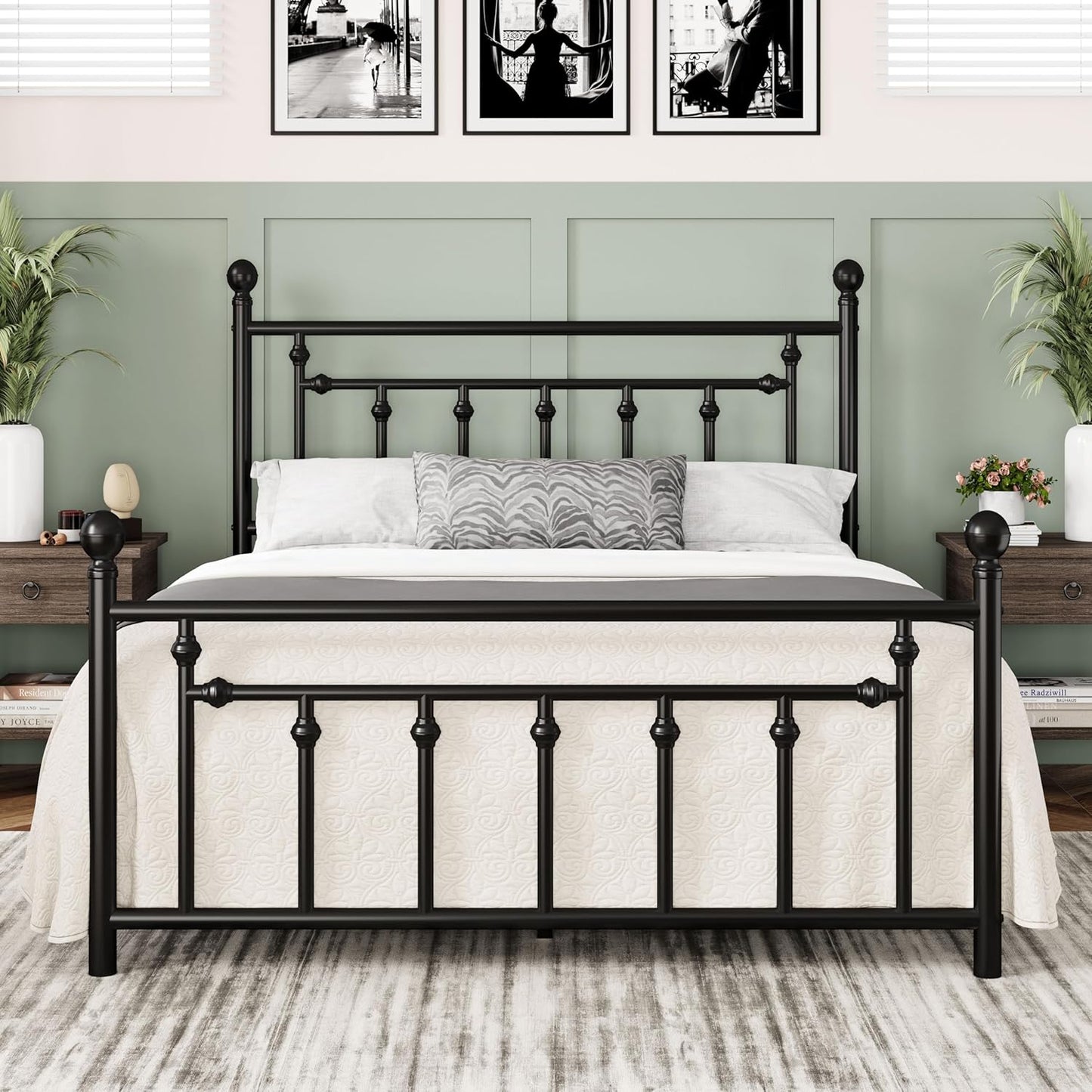Allewie 14 Inch Queen Size Metal Platform Bed Frame with Victorian Vintage Headboard and Footboard/Mattress Foundation/Under Bed Storage/No Box Spring Needed/Easy Assembly/Noise Free/Black