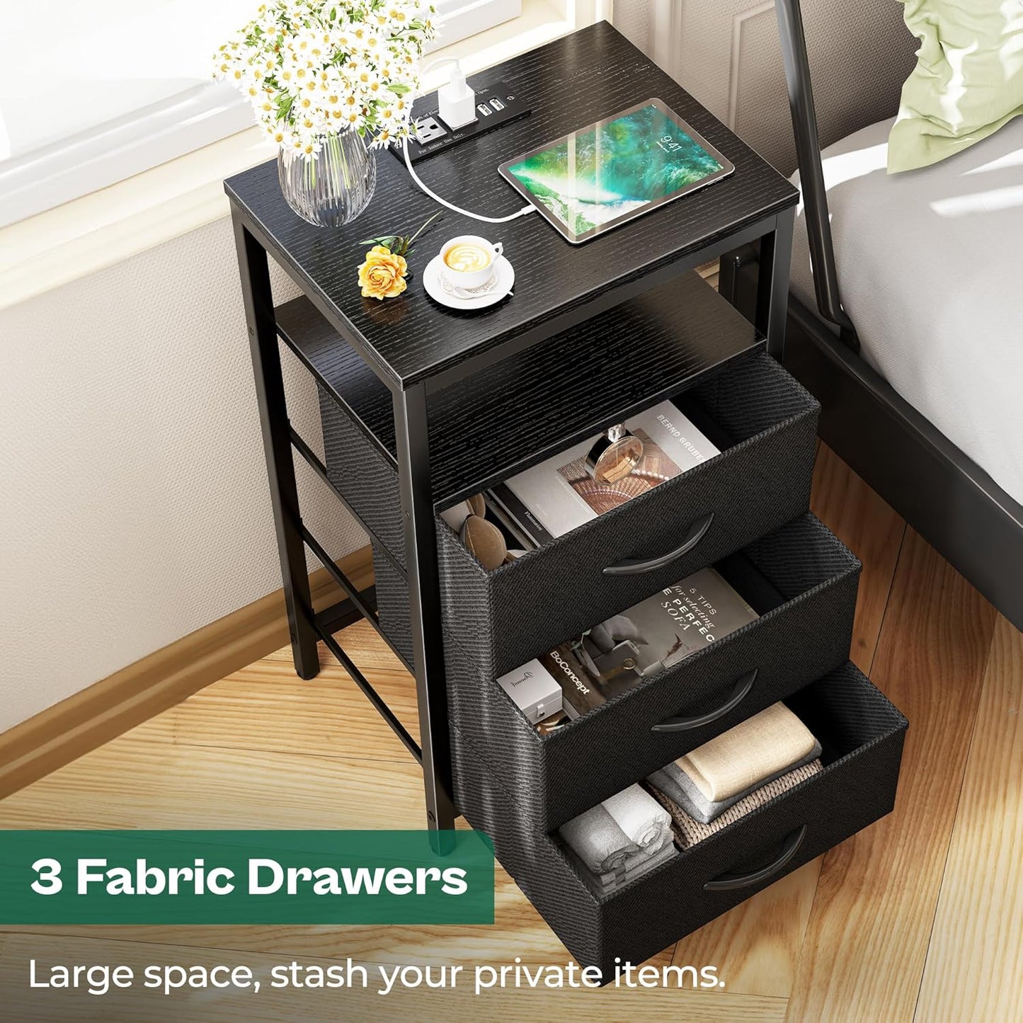 Huuger Nightstands Set of 2, 27.6 Inch End Tables with Charging Station, Bed Side Tables with Fabric Drawers, USB-C Port and Outlet, Night Stands for Bedroom, Black