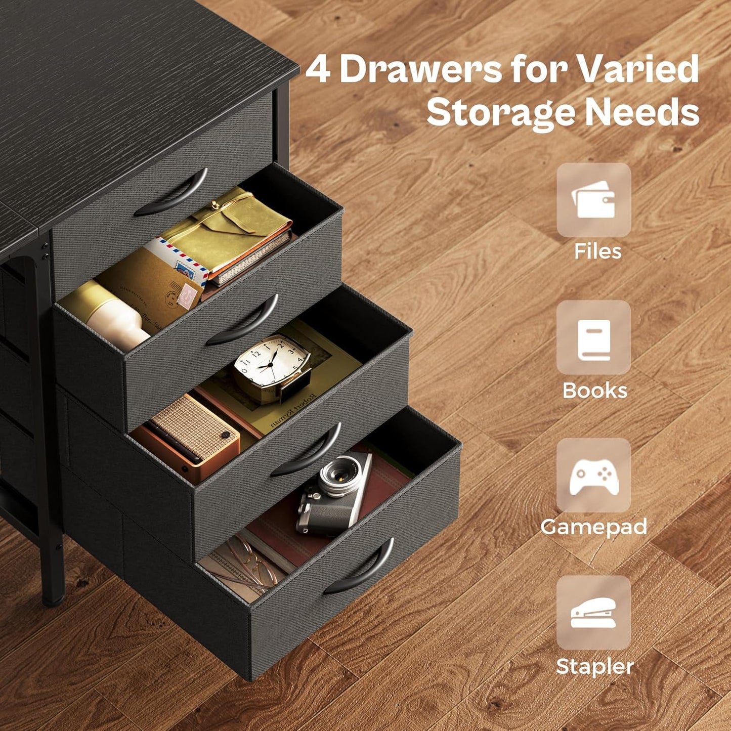 Huuger 63 Inch Computer Desk with 4 Drawers, Mesh Shelf, Gaming, Large Storage, Writing Work Desk for Home, Study, Bedroom, Work from Home, Black