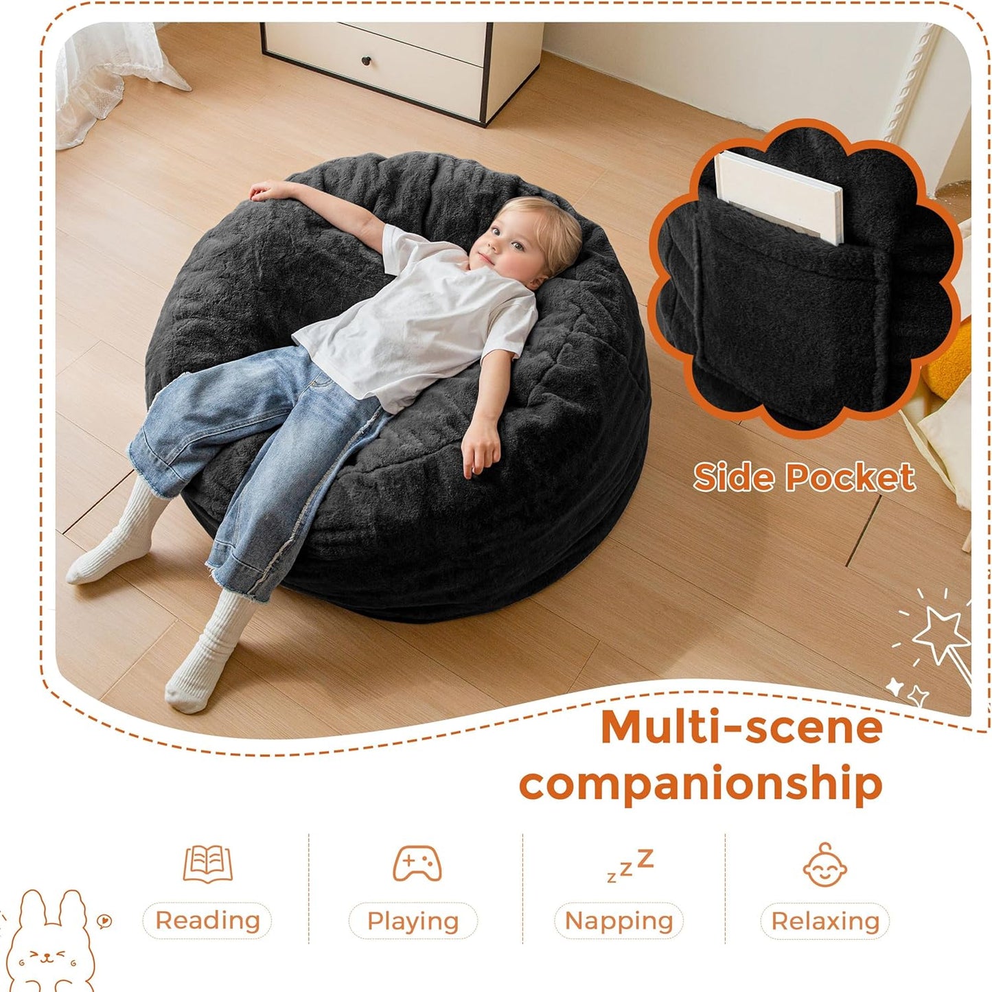 MAXYOYO Kids Bean Bag Chair, Stuffed Faux Fur Bean Bag for Toddler, Ultra Soft Floor Sofa with High-Density Foam Filling, Lazy Chair for Living Room, Playroom, Nursery Room