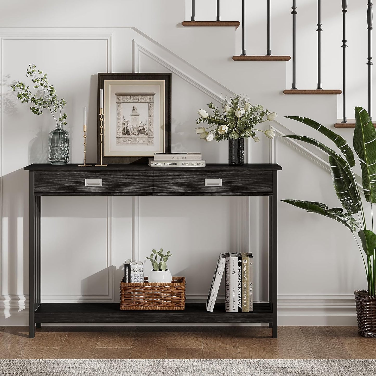 ChooChoo Mission Long Entryway Table with Drawer, Narrow Console Sofa Table with Storage, for Entryway, Living Room and Hallway, 47 Black