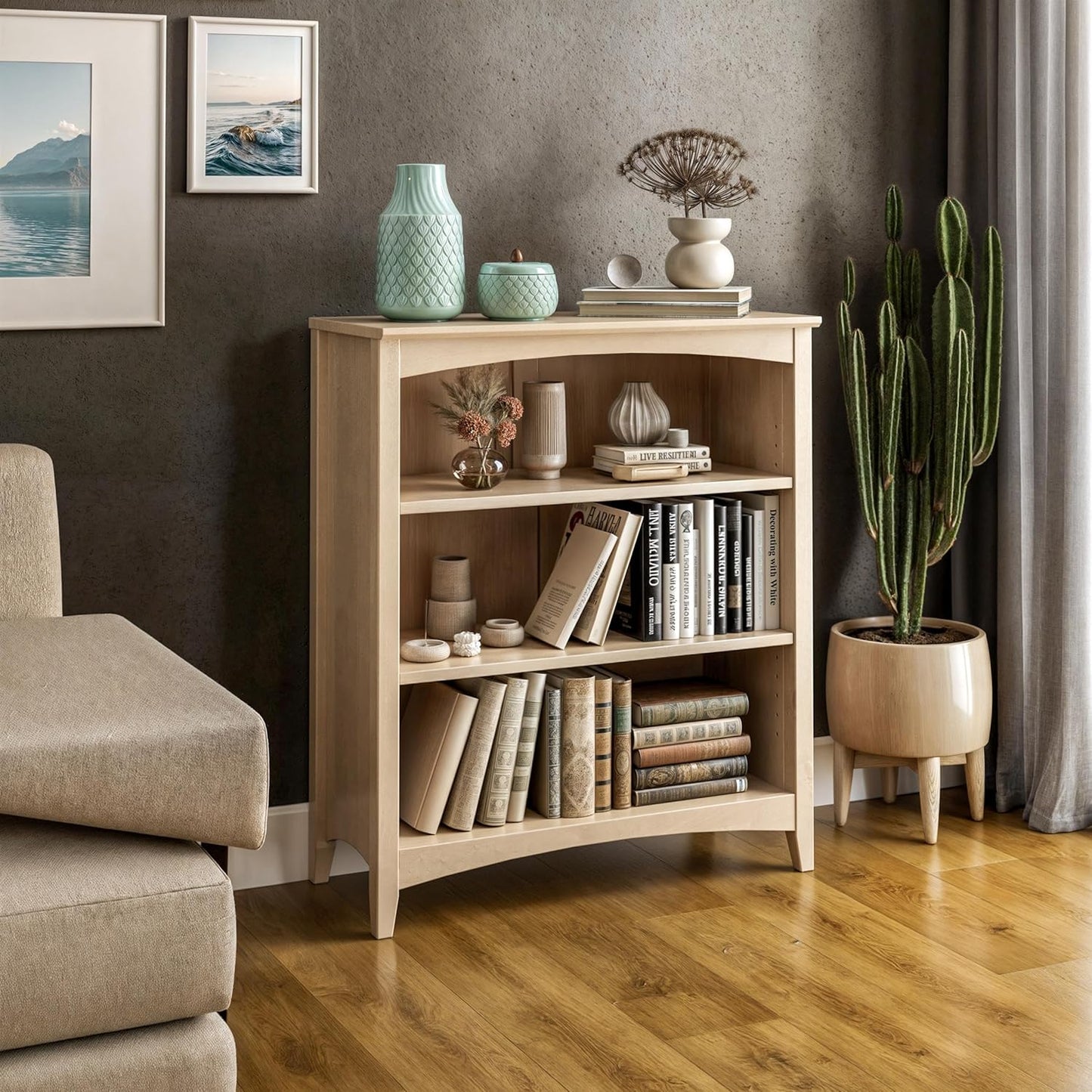 Camaflexi Shaker Style 3 Shelf Bookcase/Solid Wood / 36" High/Adjustable Shelving/Closed Back/Display Bookshelf for Living Room, Bedroom, Home and Office, Light Oak