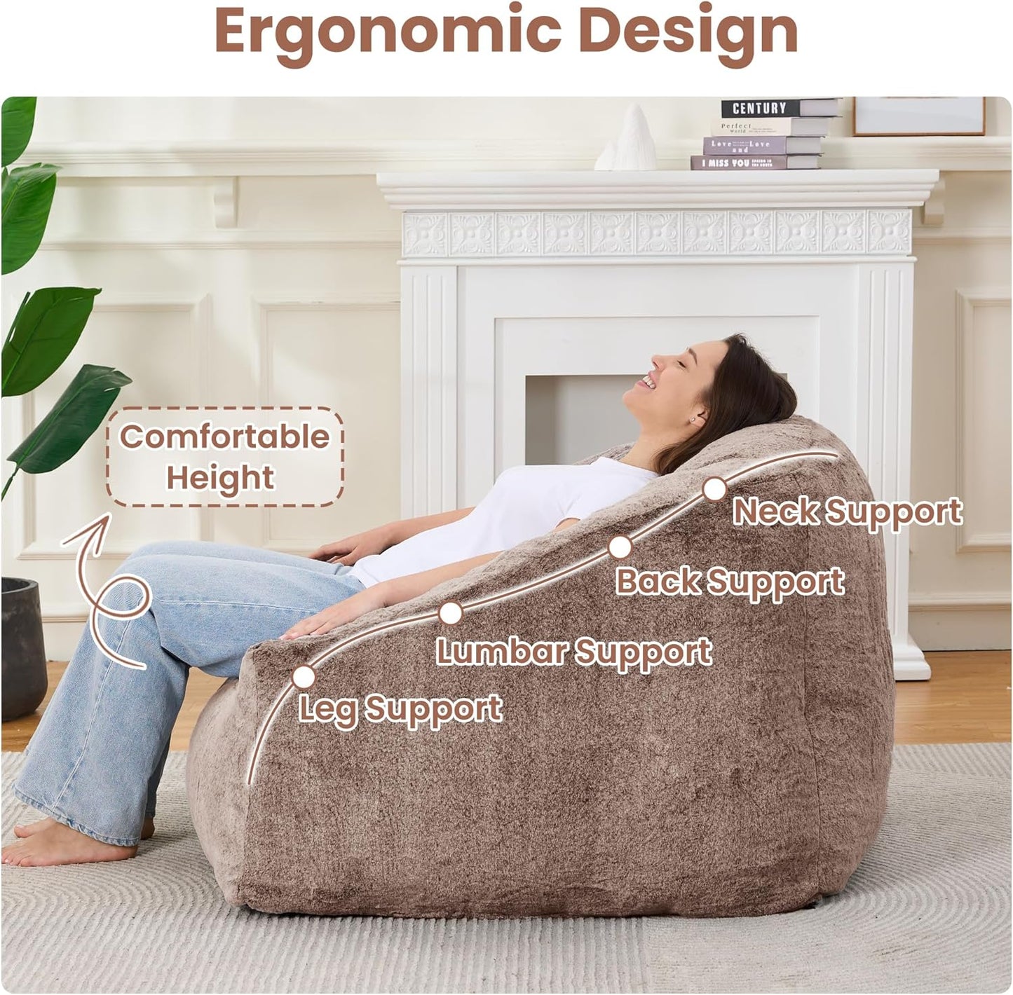 Bean Bag Chairs for Adults, Giant Beanbag Sofa Comfy Reading Chair, Oversized Bean Bag Chairs for Living Room Bedroom, Soft Faux Fur Fabric, 3.2FT, Khaki, Plush