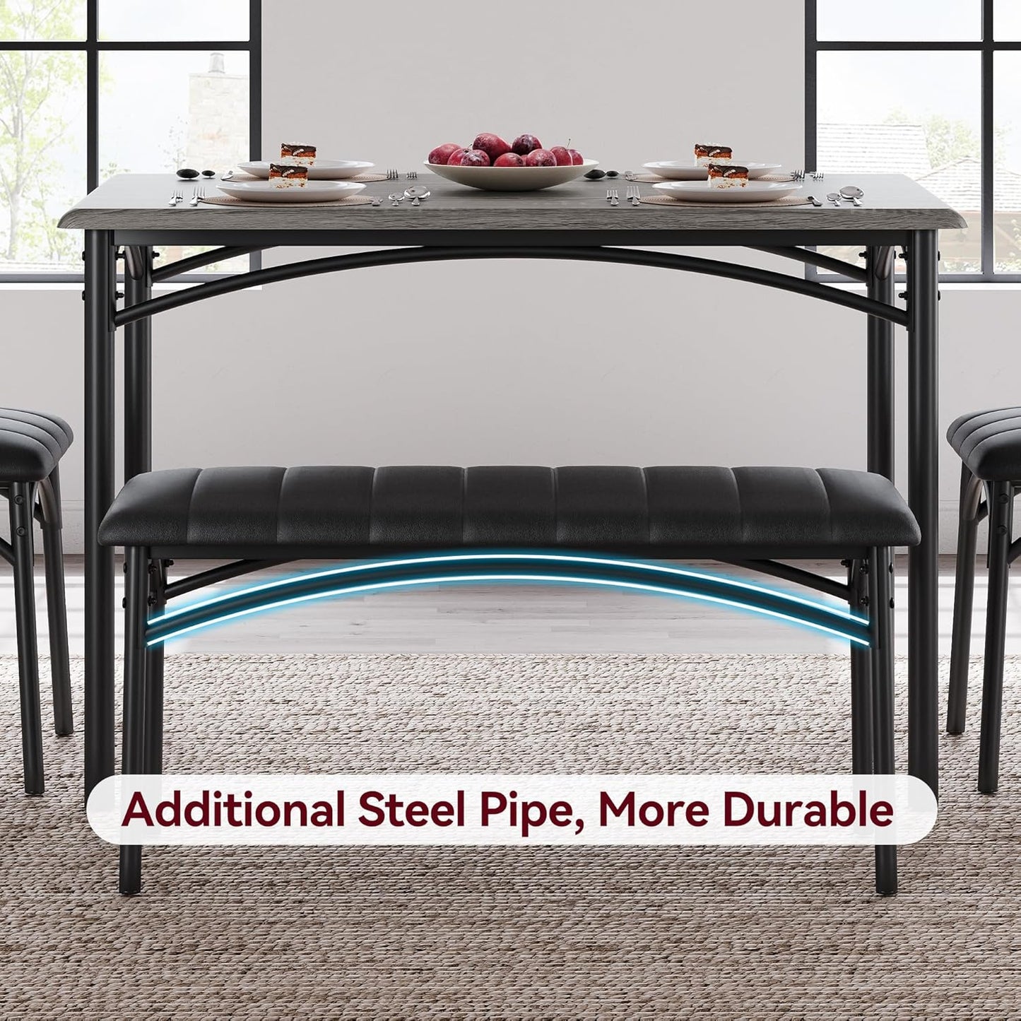 GarveeHome Dining Table Set for 4, Kitchen Table with Upholstered Chairs and Bench, Wood Rectangular Dining Table and Chairs Set for Small Space, Apartment, Dinner, Rustic Gray