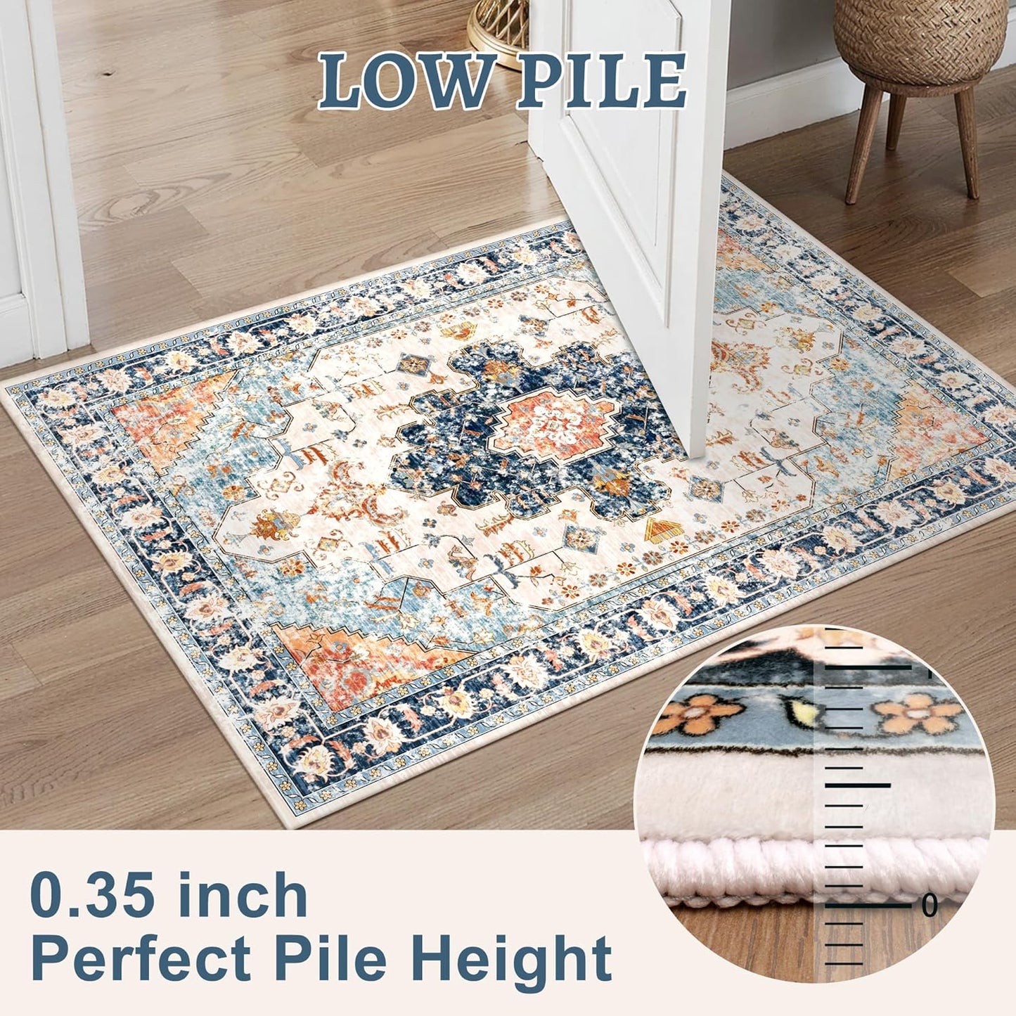Tangsoo 8x10 Area Rug for Living Room, Washable Vintage Indoor Non Slip Large Area Rugs, Print Distressed Blue/Beige Carpet, Soft Low Pile Foldable Floor Rug for Bedroom Dining Room Dorm