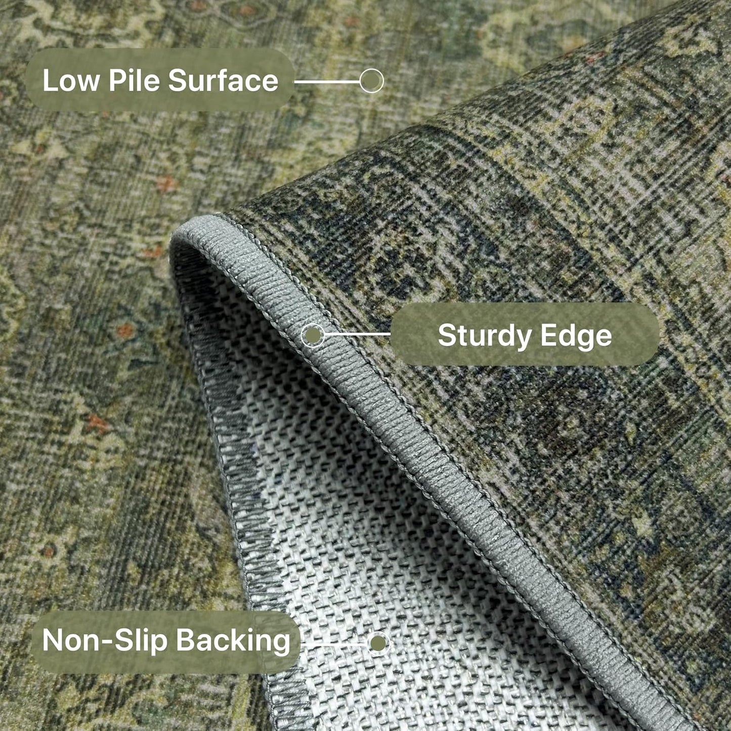 9X12 Area Rugs Machine Washable Rugs for Living Room, Vintage Boho Large Rugs for Bedroom Dining Room, Non Slip Indoor Soft Distressed Lightweight Thin Low Pile Carpet, Vivid Green