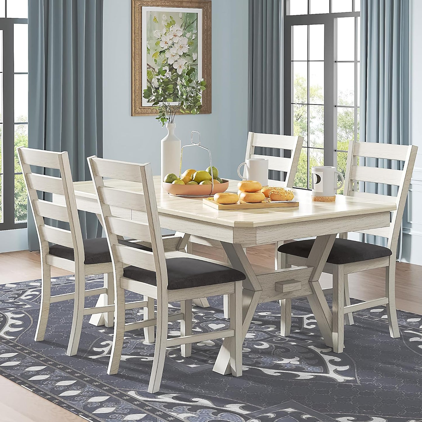 6-Piece Solid Wood Dining Table Set for 6, Modern Breakfast Dinette Kitchen Table with Bench & Chairs for Dining Room, Kitchen, Grey