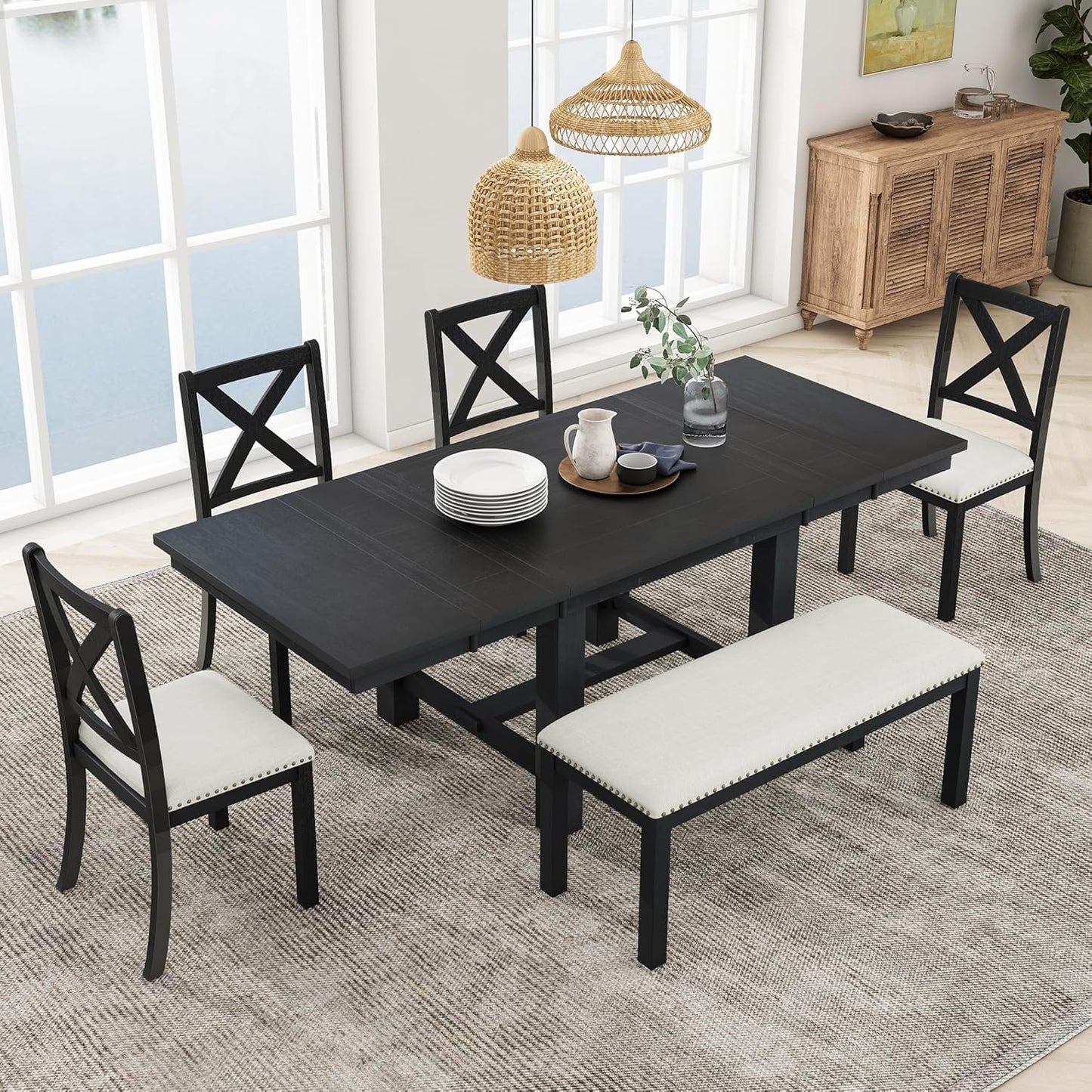 Ball & Cast Farmhouse 6 Piece Extendable Dining Table with Footrest,Living Room Furniture w/ 4 Upholstered Dining Chairs & Dining Bench,2 11" Removable Leaf,for Dining Room & Kitchen,Black+Beige