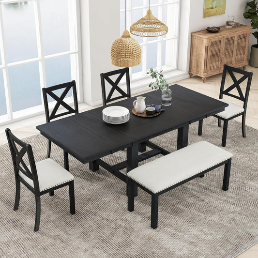 Ball & Cast Farmhouse 6 Piece Extendable Dining Table with Footrest,Living Room Furniture w/ 4 Upholstered Dining Chairs & Dining Bench,2 11" Removable Leaf,for Dining Room & Kitchen,Black+Beige
