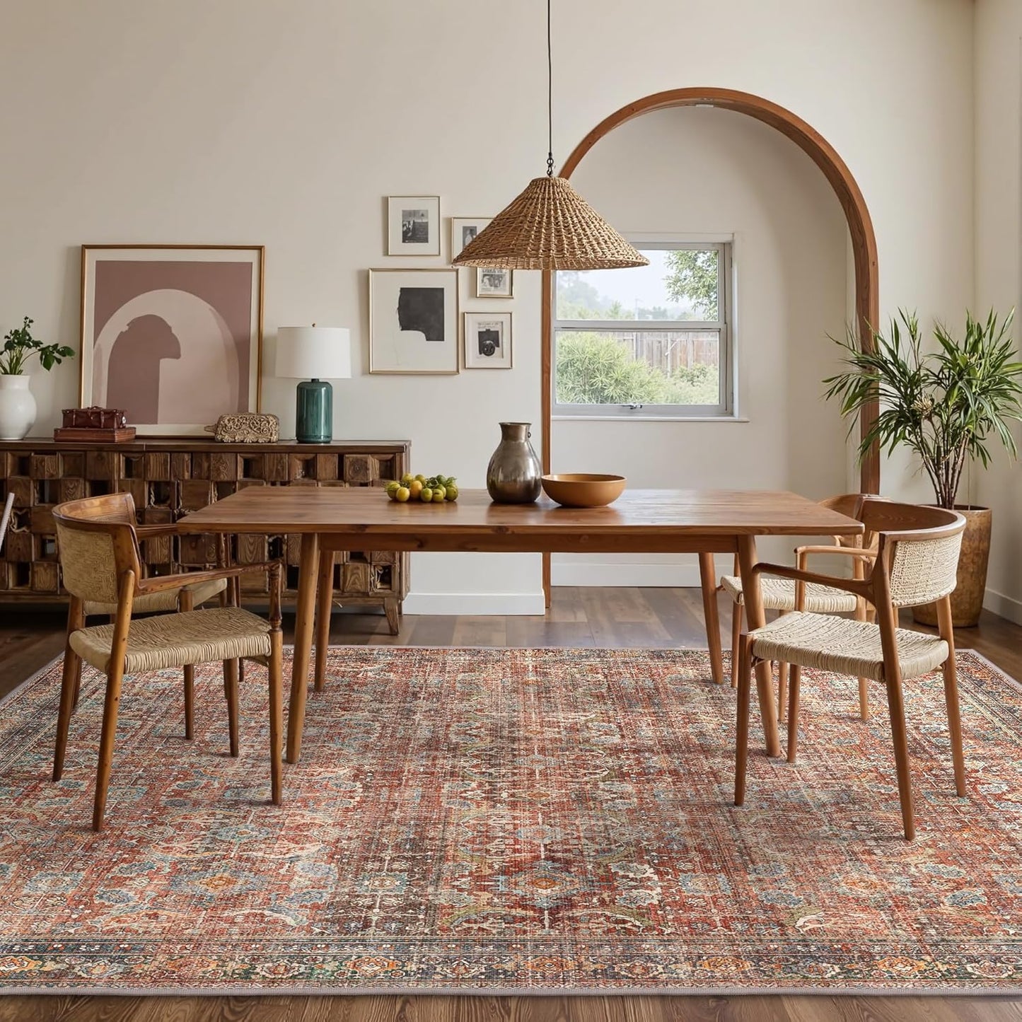 GENIMO 3x5 Area Rugs for Living Room, Machine Washable Non Slip Vintage Rugs, Low Pile Lightweight Chenille Print Rug for Bedroom, Dining Room, Home Office, Terracotta Indigo