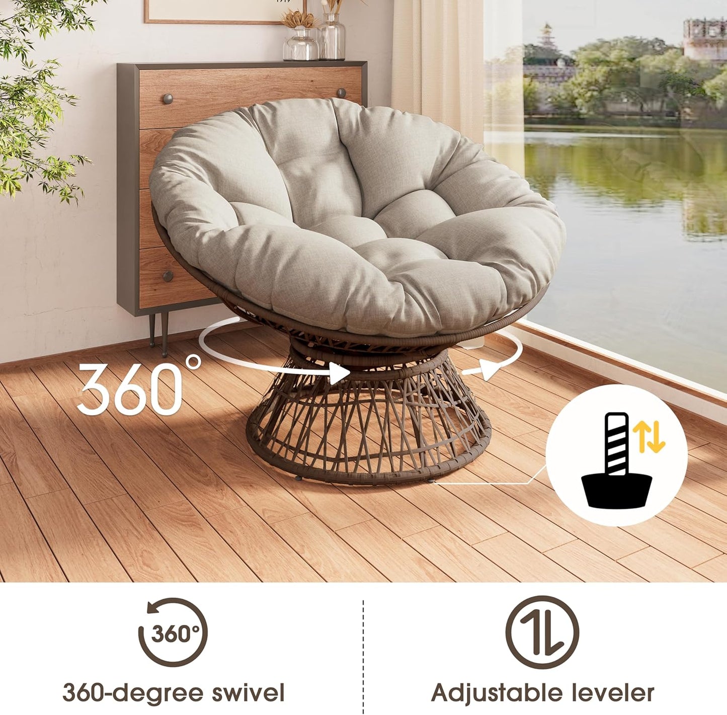 Ball & Cast Ergonomic Wicker Chair with Cloud Thick Density Fabric Cushion,Accent Chair W/ 360 Degree Swivel,Sturdy Metal Frame,Height Adjustable,for Reading,Living Room Bedroom,Lounge,Brown+Beige