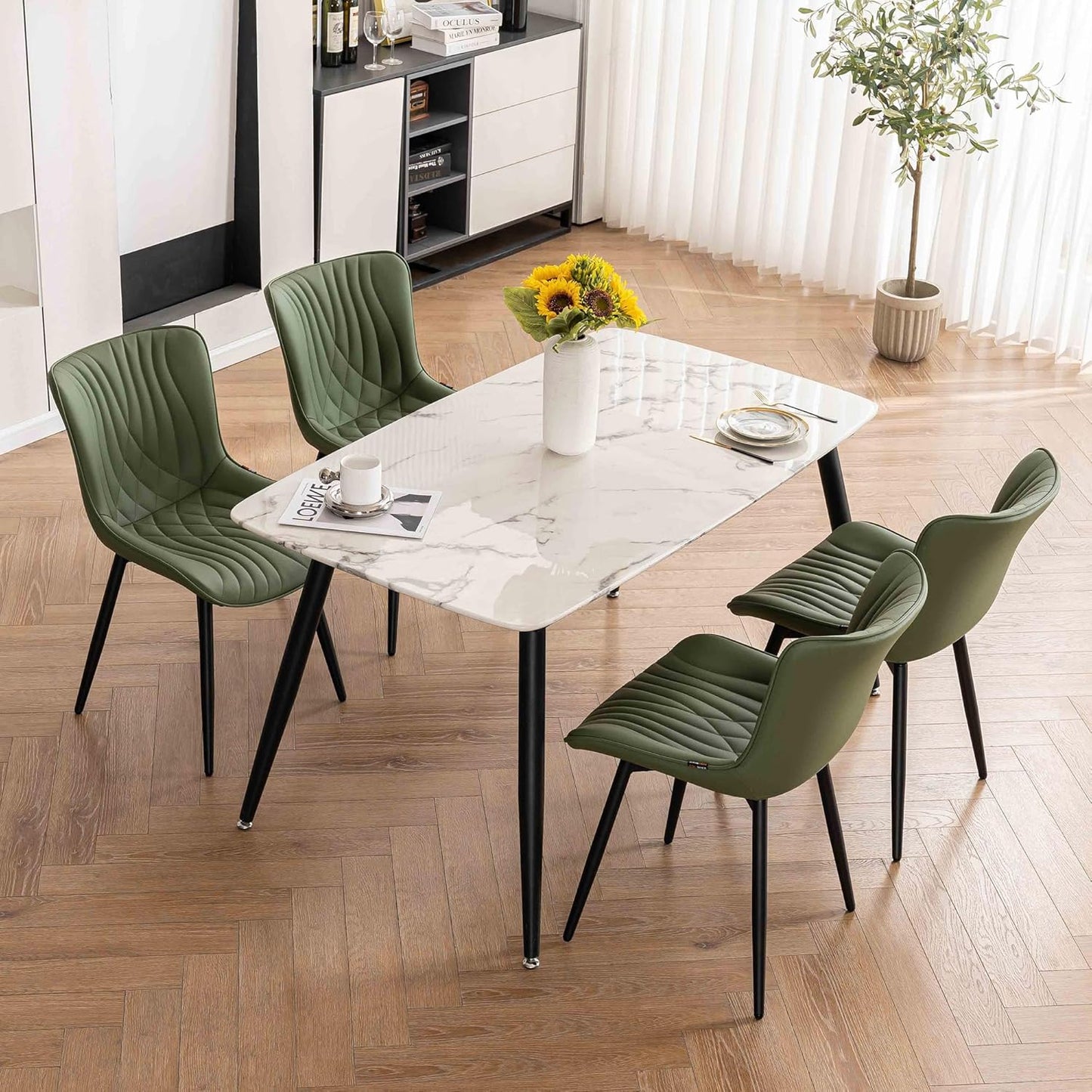 Kidol & Shellder Bean-Green Dining Chairs Set of 2,Upholstered Mid Century Modern Kitchen&Dining Room Chair with Back,Ergonomic Armless Vanity&Living Room Chair with Metal Legs