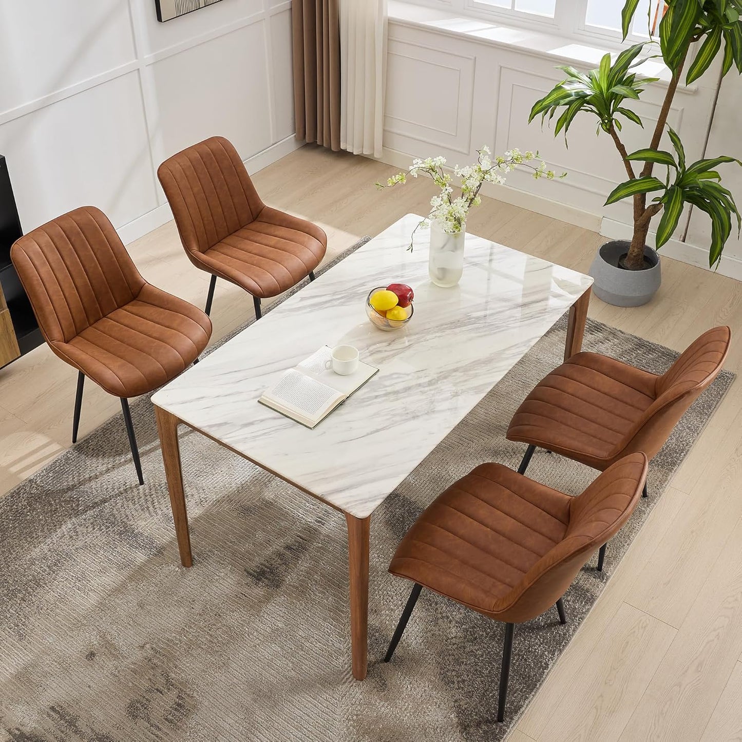 Dining Chairs Set of 2, Upholstered PU Leather Kitchen & Dining Chairs with Whale Backrest,Chair with Padded Seat and Metal Legs for Restaurant/Cafe