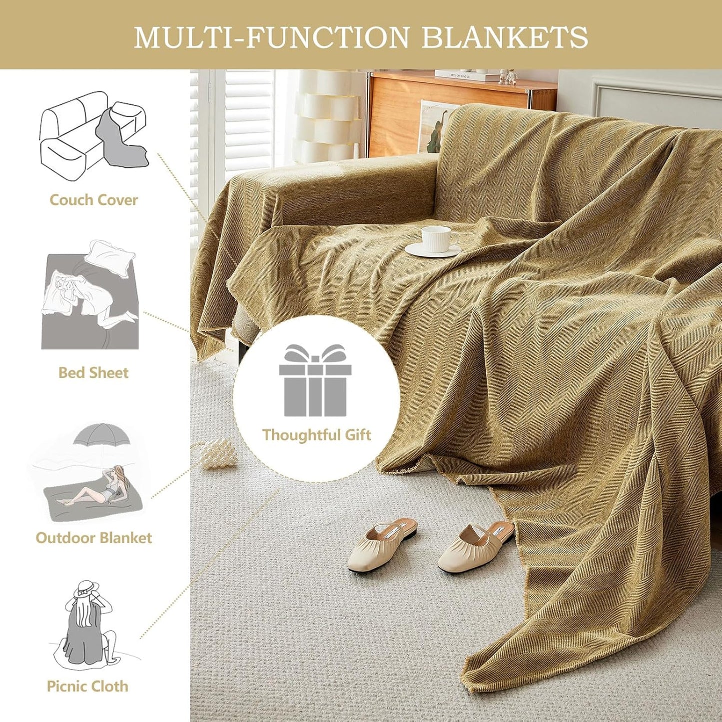 STACYPIK Wear-Resistant Chenille Yellow Sofa Cover, Couch Cover for Dogs, Washable Pets Protector for 3 Cushion Couch, Sofa Covers for Loveseat, Non-Slip Sectional Cover, Throw Blanket-71X134IN