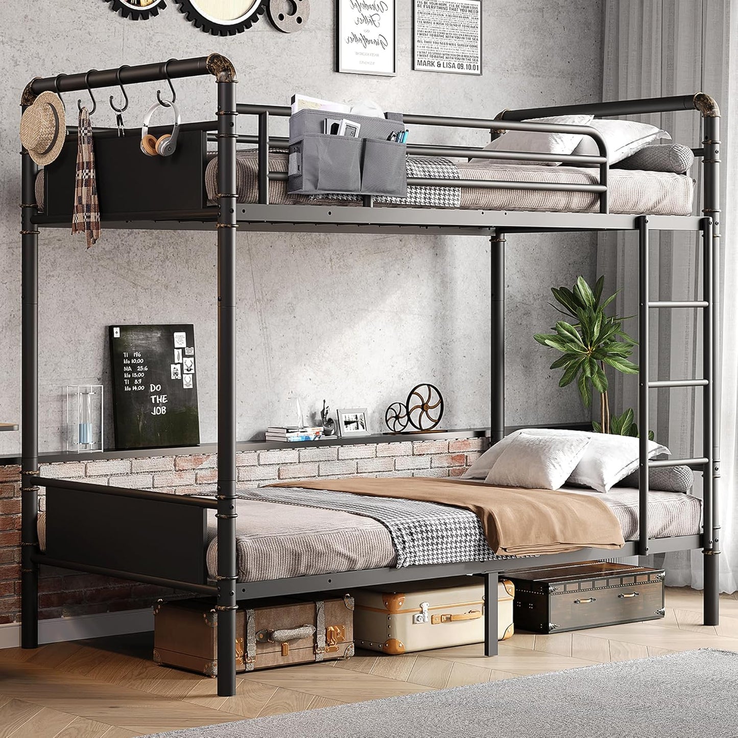 Metal Bunk Bed Twin Over Twin, Industrial Bunkbeds Heavy Duty Bed with Safety Guard Rails and Space-Saving Design, Steel Bed for School, Bedroom (Black)