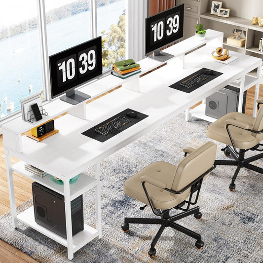 Tribesigns Two Person Desk with Monitor Stand, 78.74" Long Double Computer Office Desk with Storage Shelves, Large Gaming Desk Study Writing Table Workstation for Home Office (White)