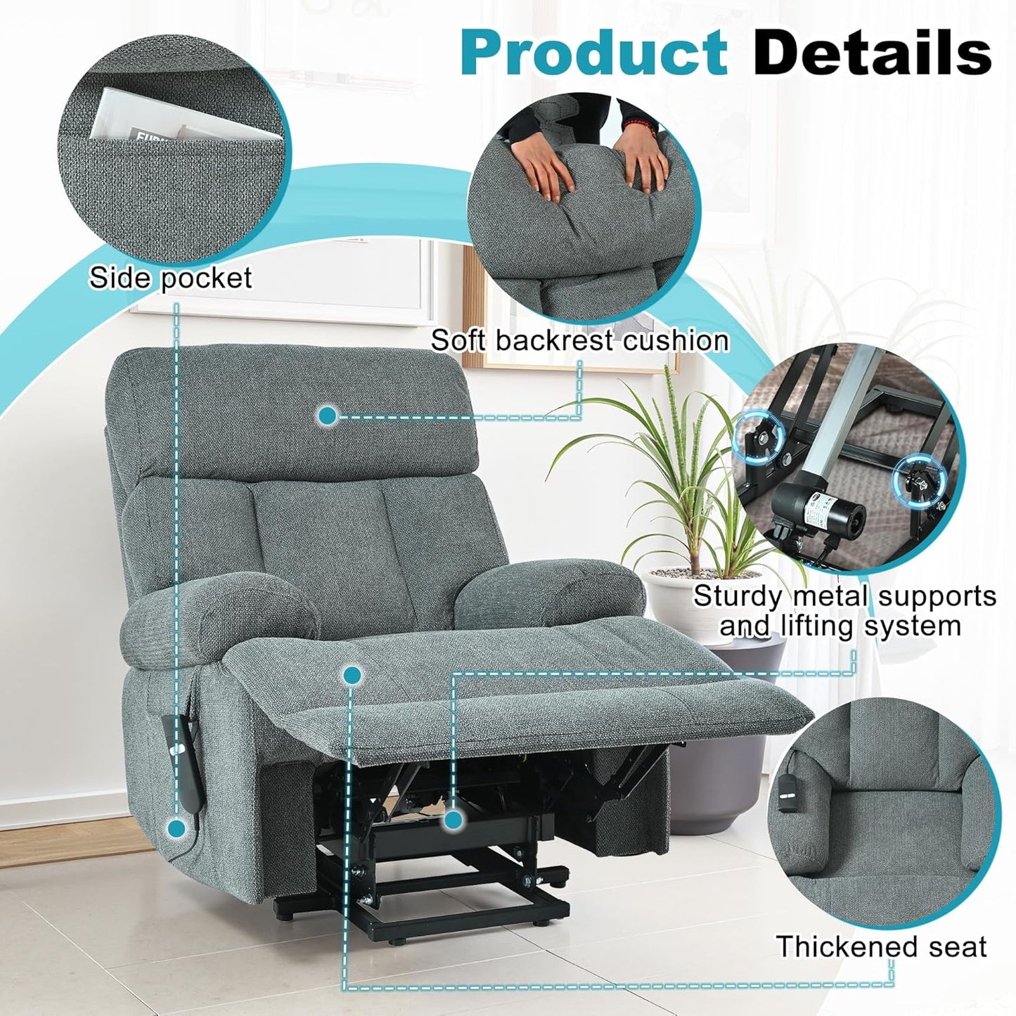 Recliner Chair Power Lift Massage Chair Full Body 23" Large Size Electric Recliner with Seniors, Home Theater Seating with Remote Control, Side Pocket, Spacious Seat, Dark Gray