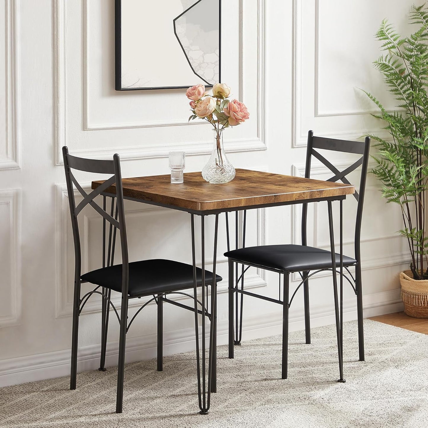 VECELO 3-Piece Dining Room Kitchen Table and Pu Cushion Chair Sets for Small Space, 2, Classic Brown,Dining Set for 2