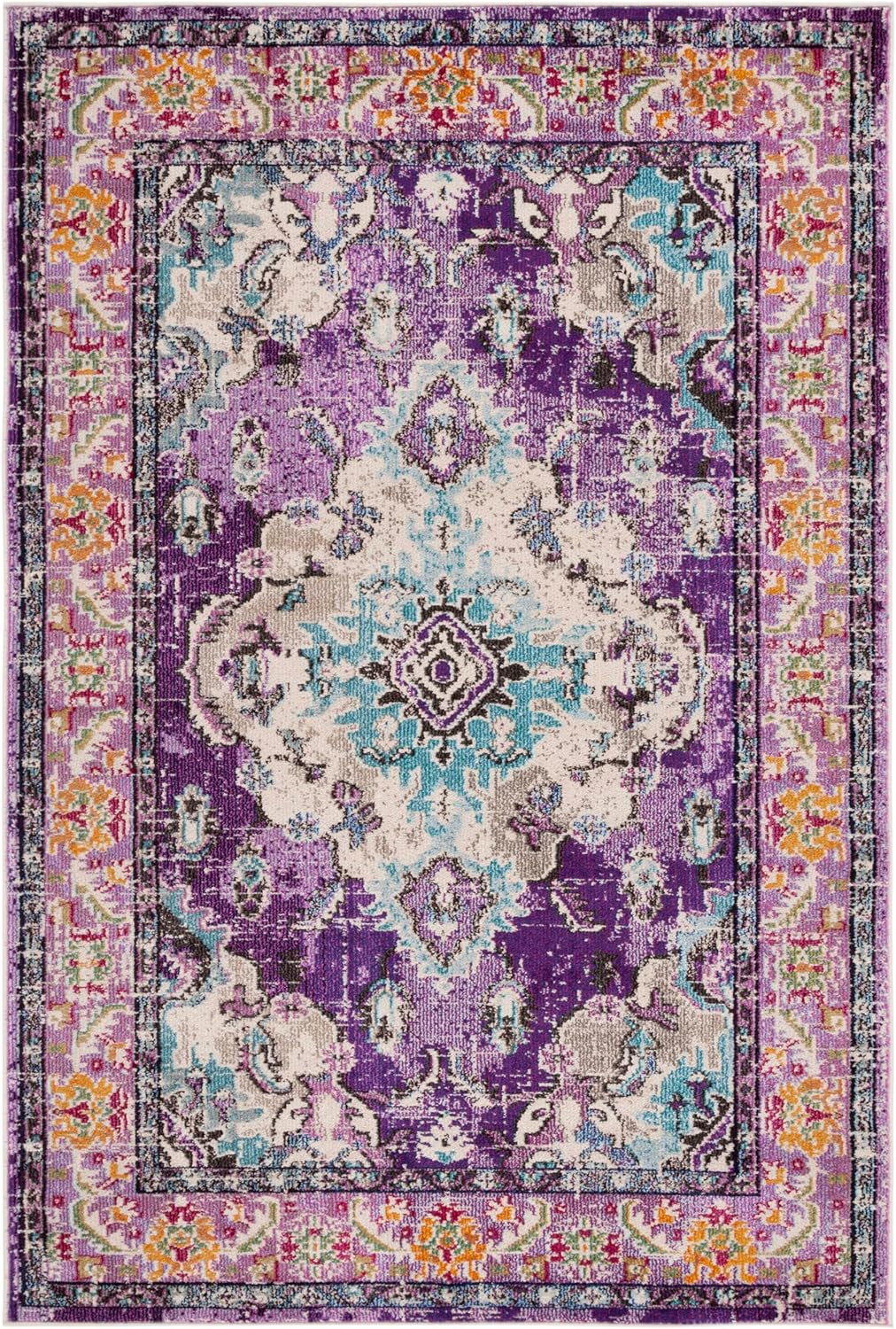 SAFAVIEH Monaco Collection Area Rug - 6'7" x 9'2", Violet & Light Blue, Boho Chic Medallion Distressed Design, Non-Shedding & Easy Care, Ideal for High Traffic Areas in Living Room, Bedroom (MNC243L)