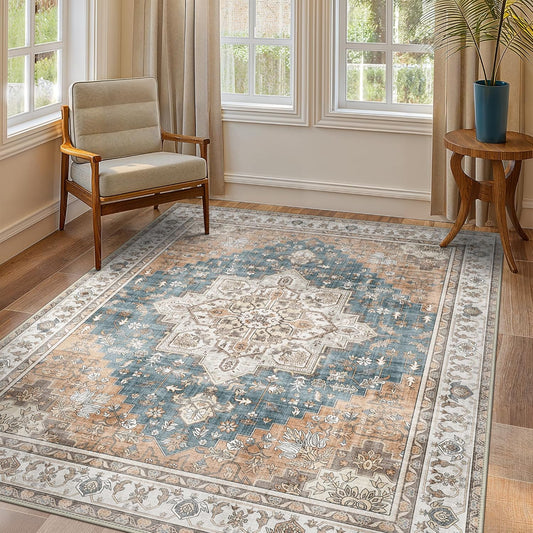 GENIMO 9x12 Area Rugs for Living Room, Non Slip Machine Washable Vintage Rugs, Low Pile Lightweight Chenille Print Large Rug for Bedroom, Dining Room, Home Office, Blue Brown