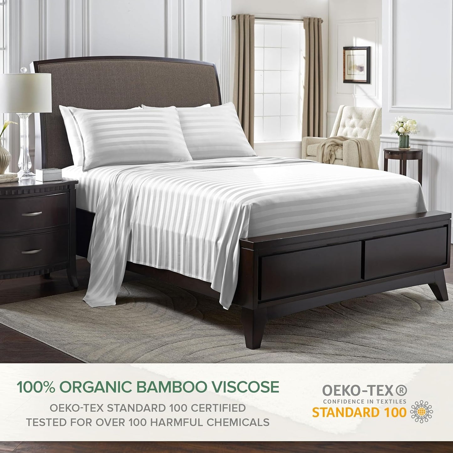 Full Sheets by Pure Bamboo, Genuine 100% Organic Viscose Derived from Bamboo Bed Sheet Set, Luxuriously Soft & Cooling, Double Stitching, Lifetime Quality Promise (Full, Jacquard White)