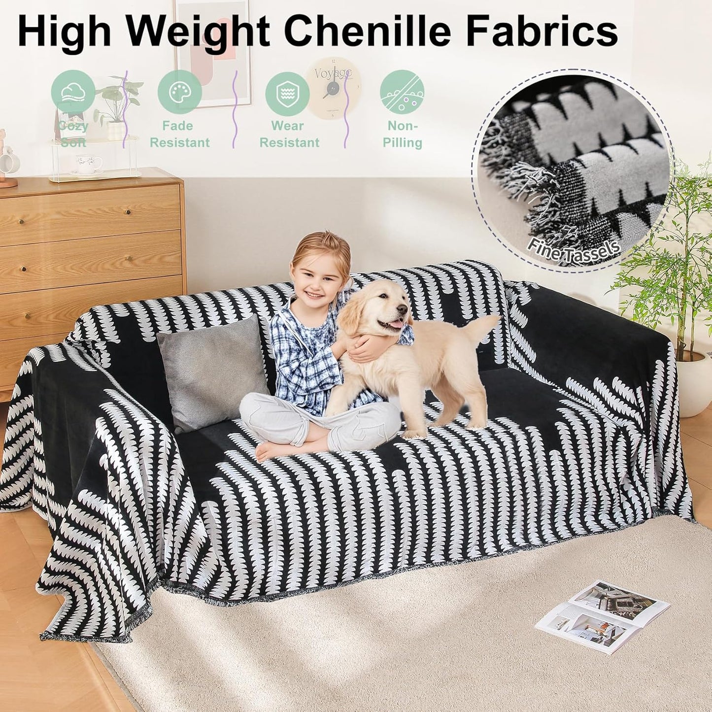 Boho Couch Cover, Sofa Cover, Sofa Covers for 2 Cushion Couch, Washable Sectional Couch Covers for Dogs Pet Furniture Protector Couch Cover Blanket for Living Room (2# Black, 71" x 102")