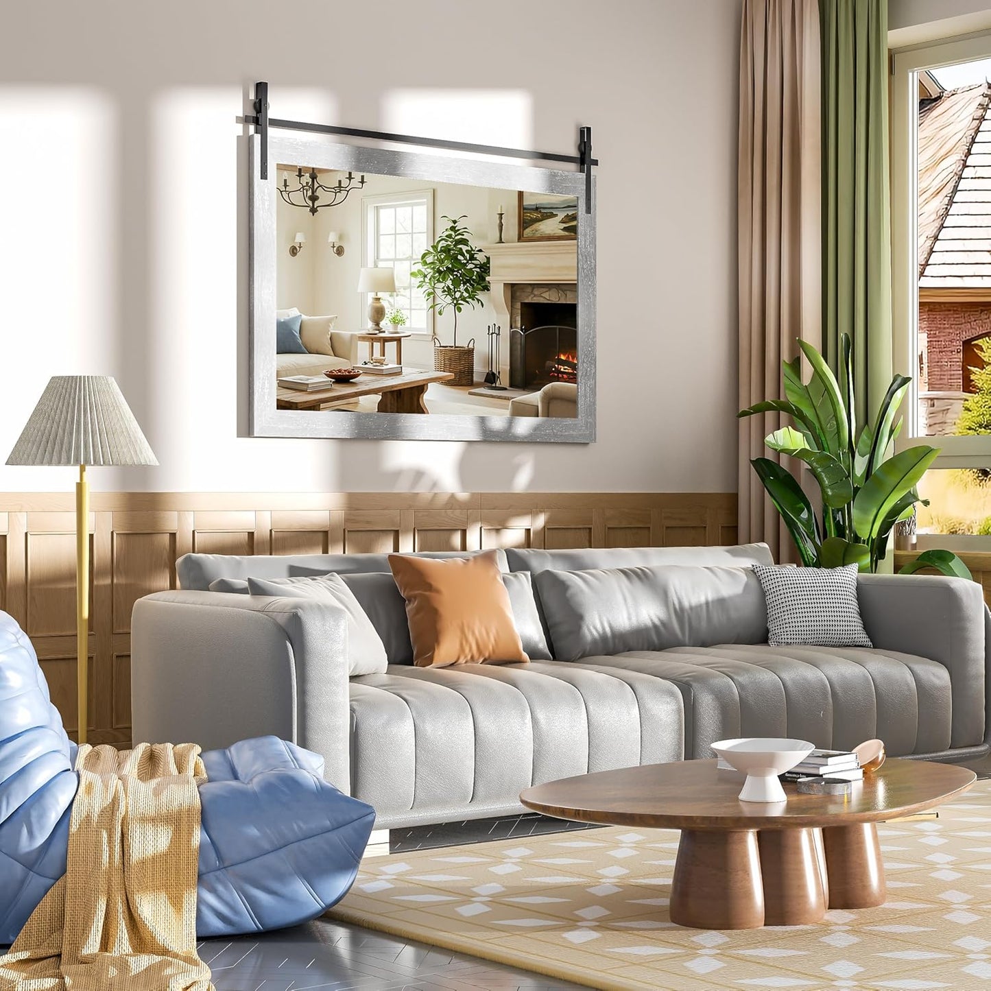 Hasipu Farmhouse Bathroom Mirror, 48"x32" Rustic Wood Framed Wall Mounted Mirror, Gray Vintage Vanity Mirror Barn Door Style Decrative Mirrors