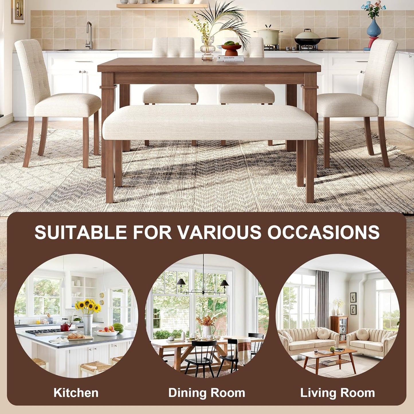 Ball & Cast Dining Table Set for 6 W/Bench & 4 Upholstered Chairs,6 Piece Dining Set W/ 60" Rectangle Kitchen Table & Anti-Scratch Pads,Table and Chairs Set for Living Room,Dining Room,Walnut