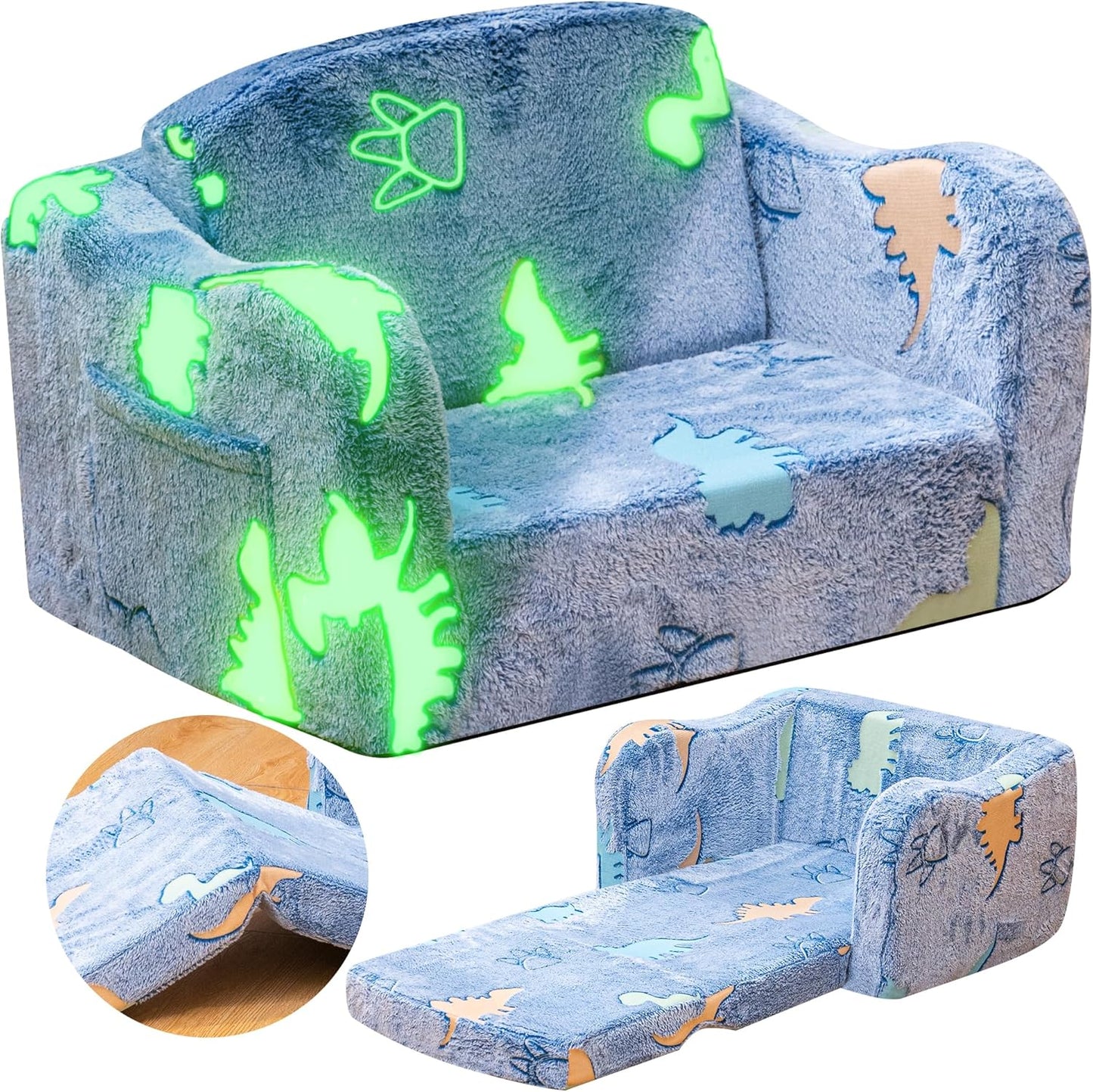 Lamerge 2-in-1 Toddler Couch,Glow in The Dark Baby Floor Bed,Foldable Toddler Chair Kids Sofa for playroom,Convertible Sofa to Lounger for Girls and Boys (Blue and Dinosaur)