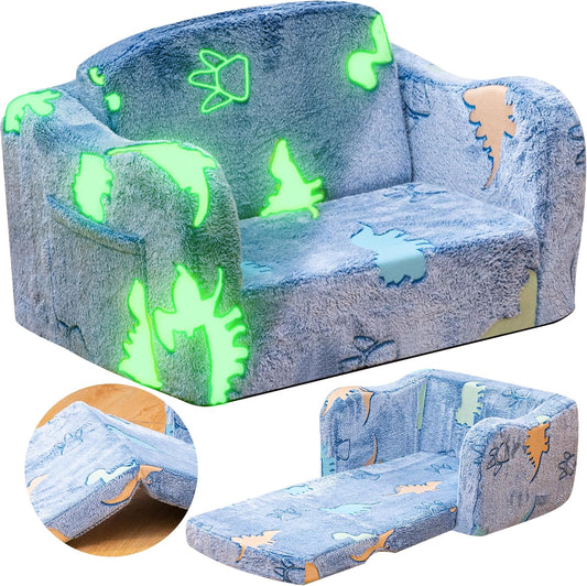 Lamerge 2-in-1 Toddler Couch,Glow in The Dark Baby Floor Bed,Foldable Toddler Chair Kids Sofa for playroom,Convertible Sofa to Lounger for Girls and Boys (Blue and Dinosaur)